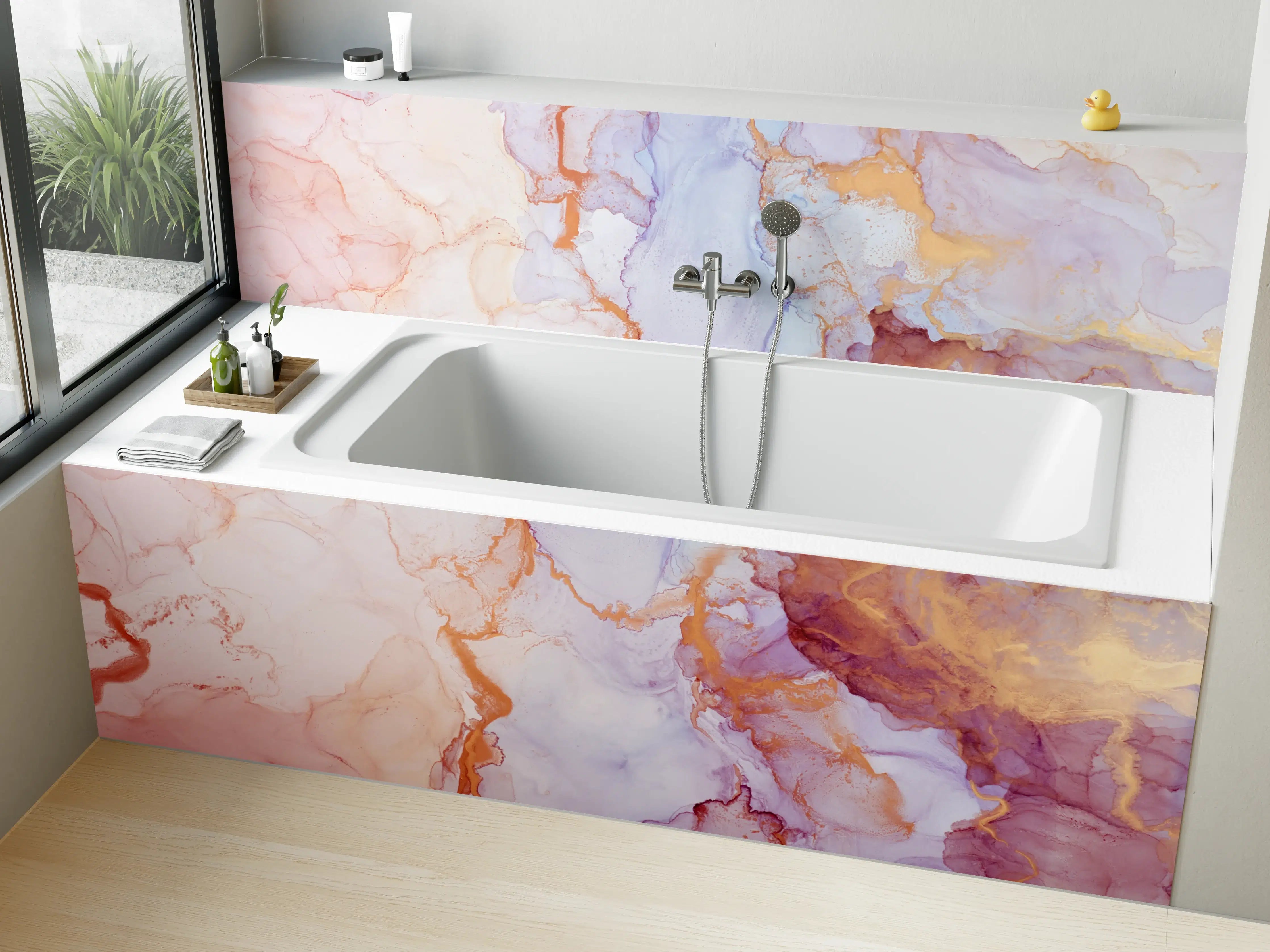 Badewannen-Rückwand - Sanfte Wasserfarben in Pastell-Orange und Lila