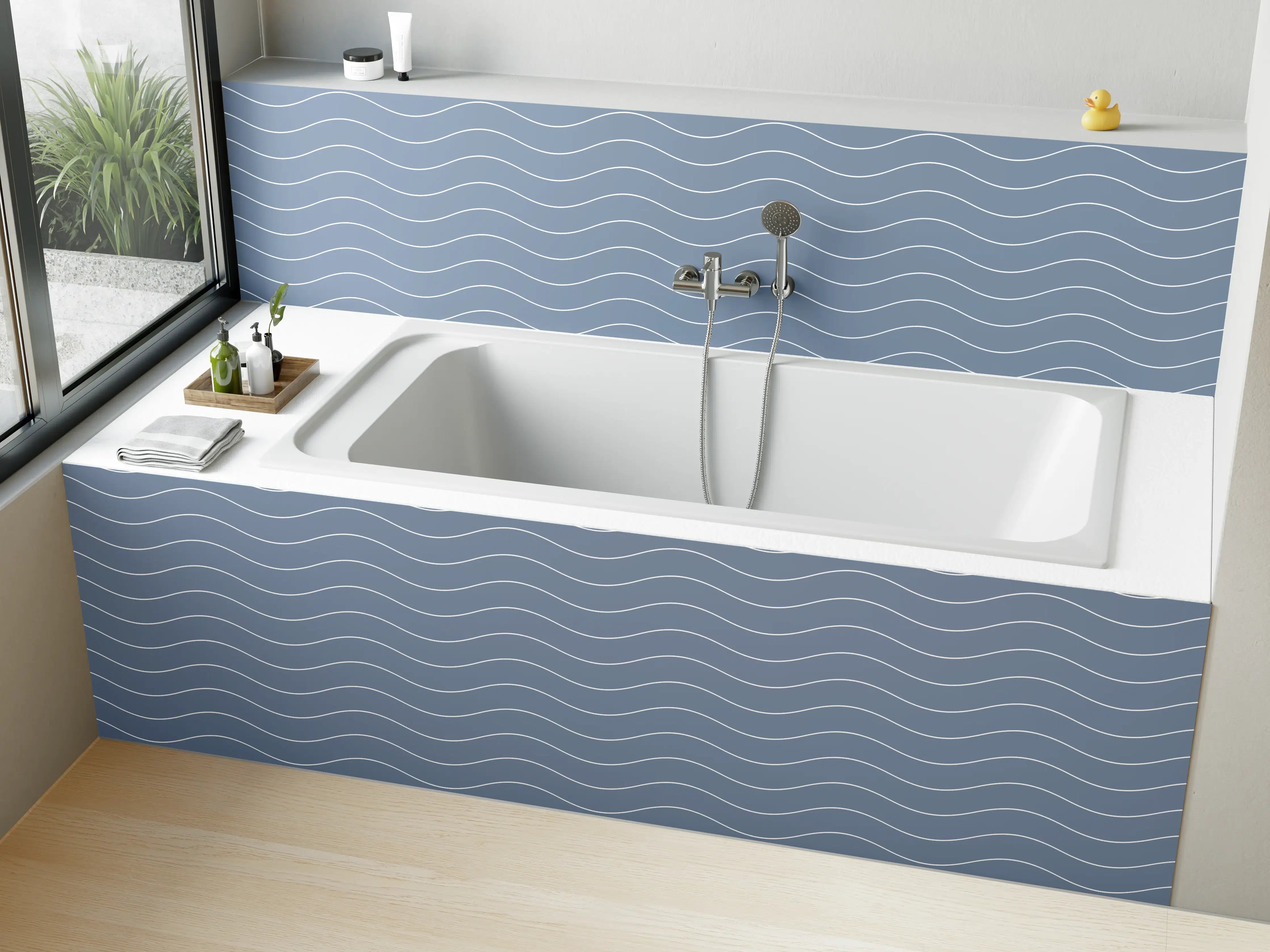 Badewannen-Rückwand - Sanfte Wellen in Blau und Grau