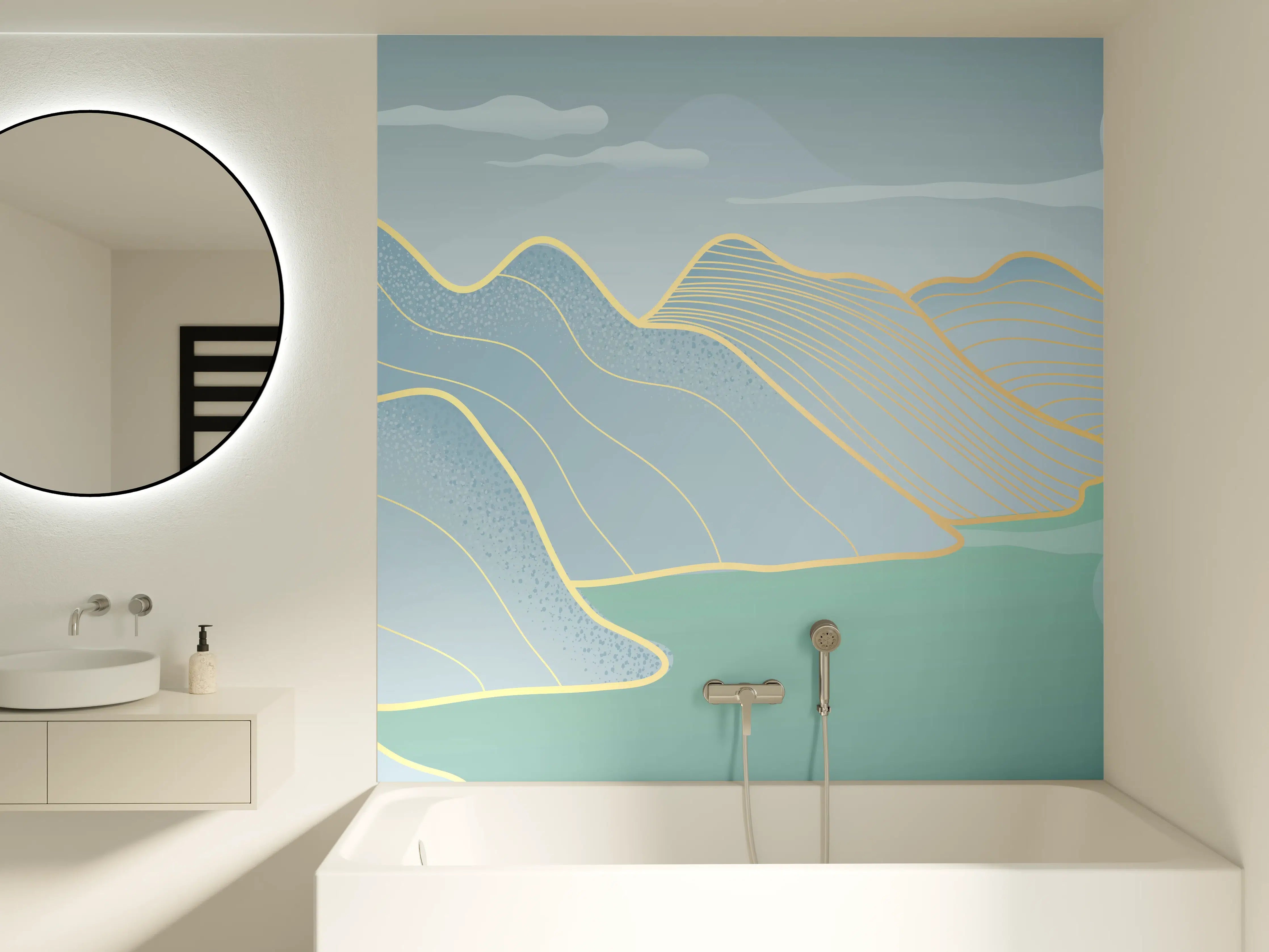 Badewannen-Rückwand - Sanftes Blau Linien Panorama