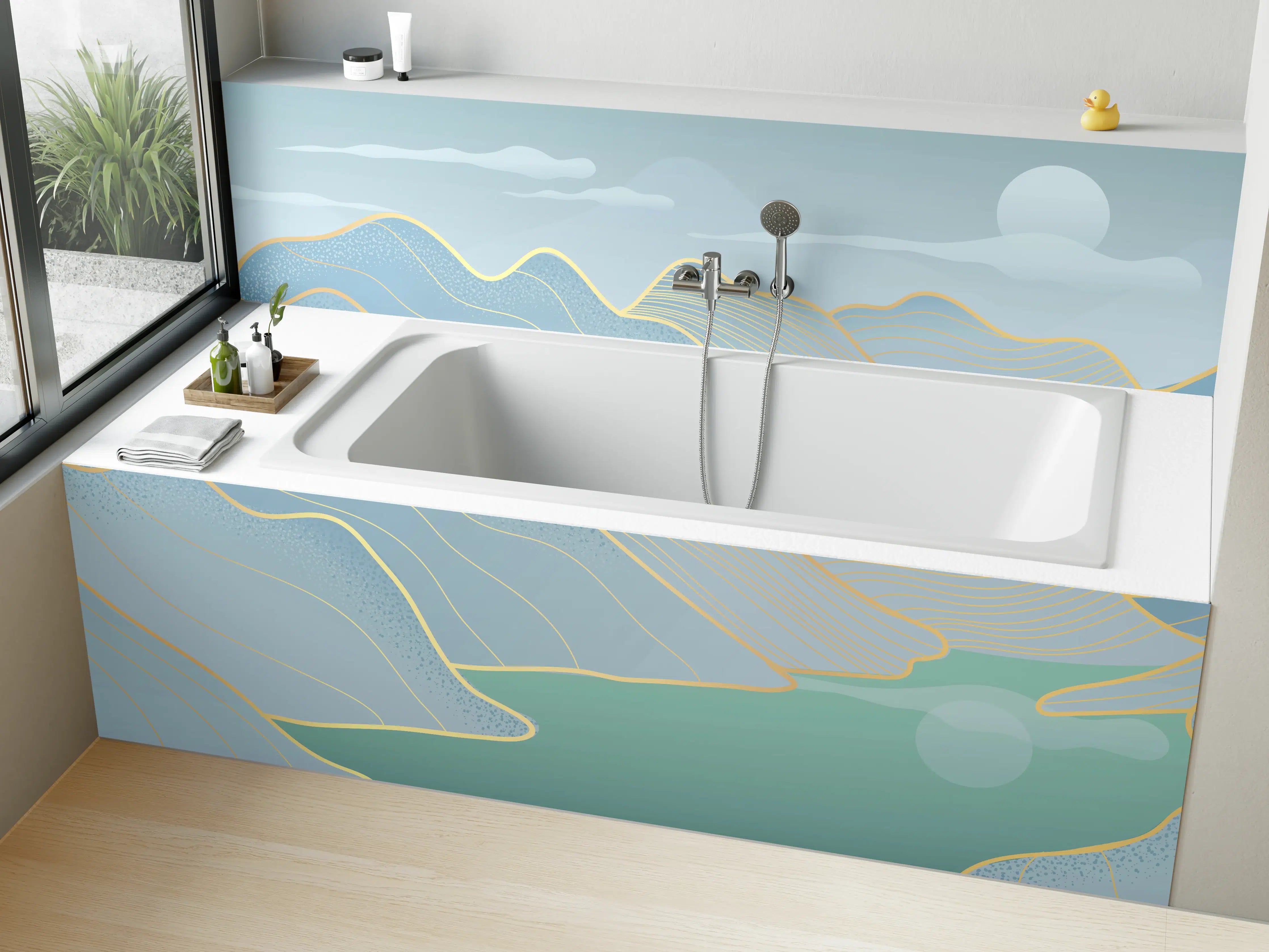 Badewannen-Rückwand - Sanftes Blau Linien Panorama