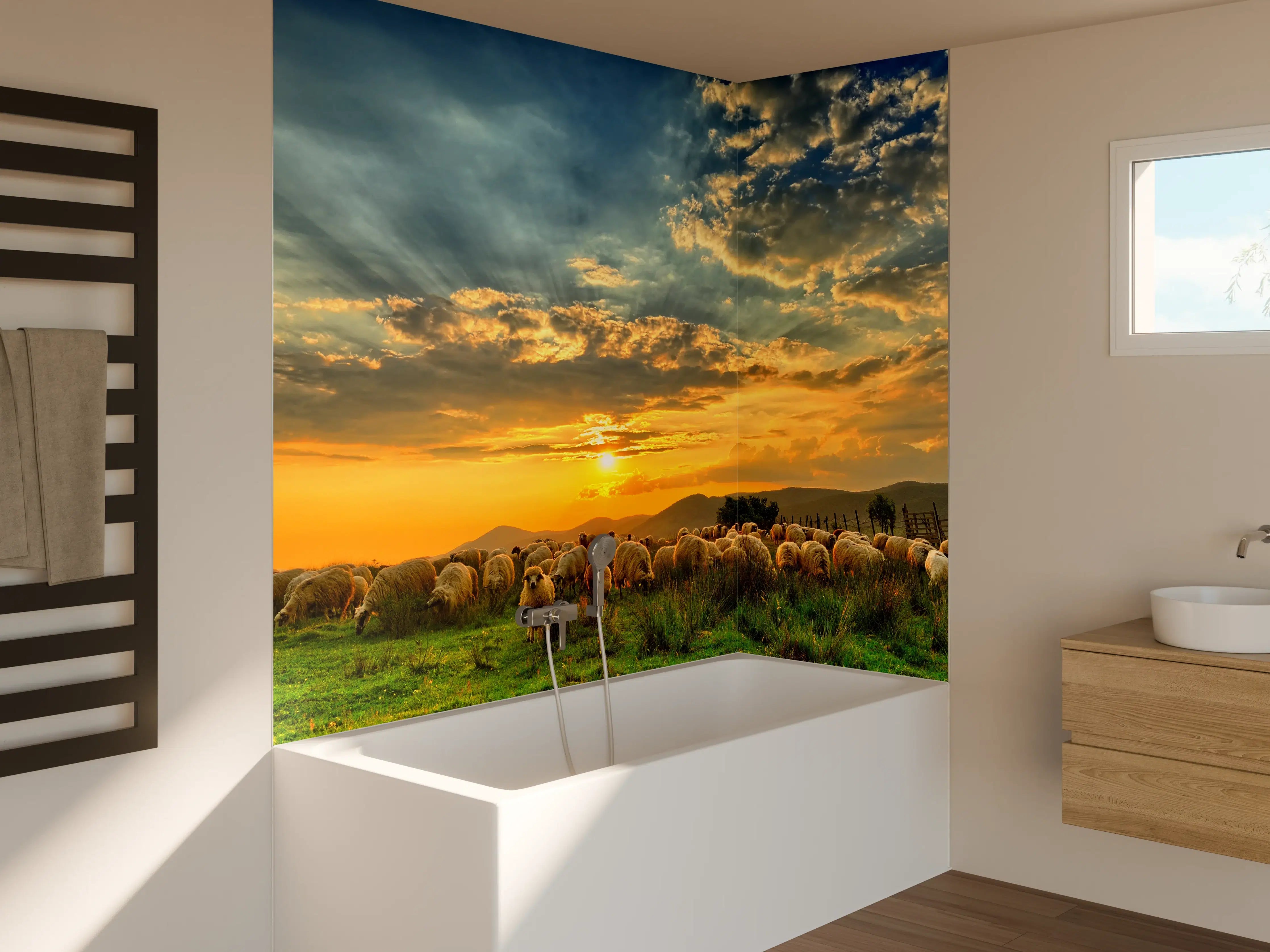 Badewannen-Rückwand - Schafsherde bei Sonnenuntergang