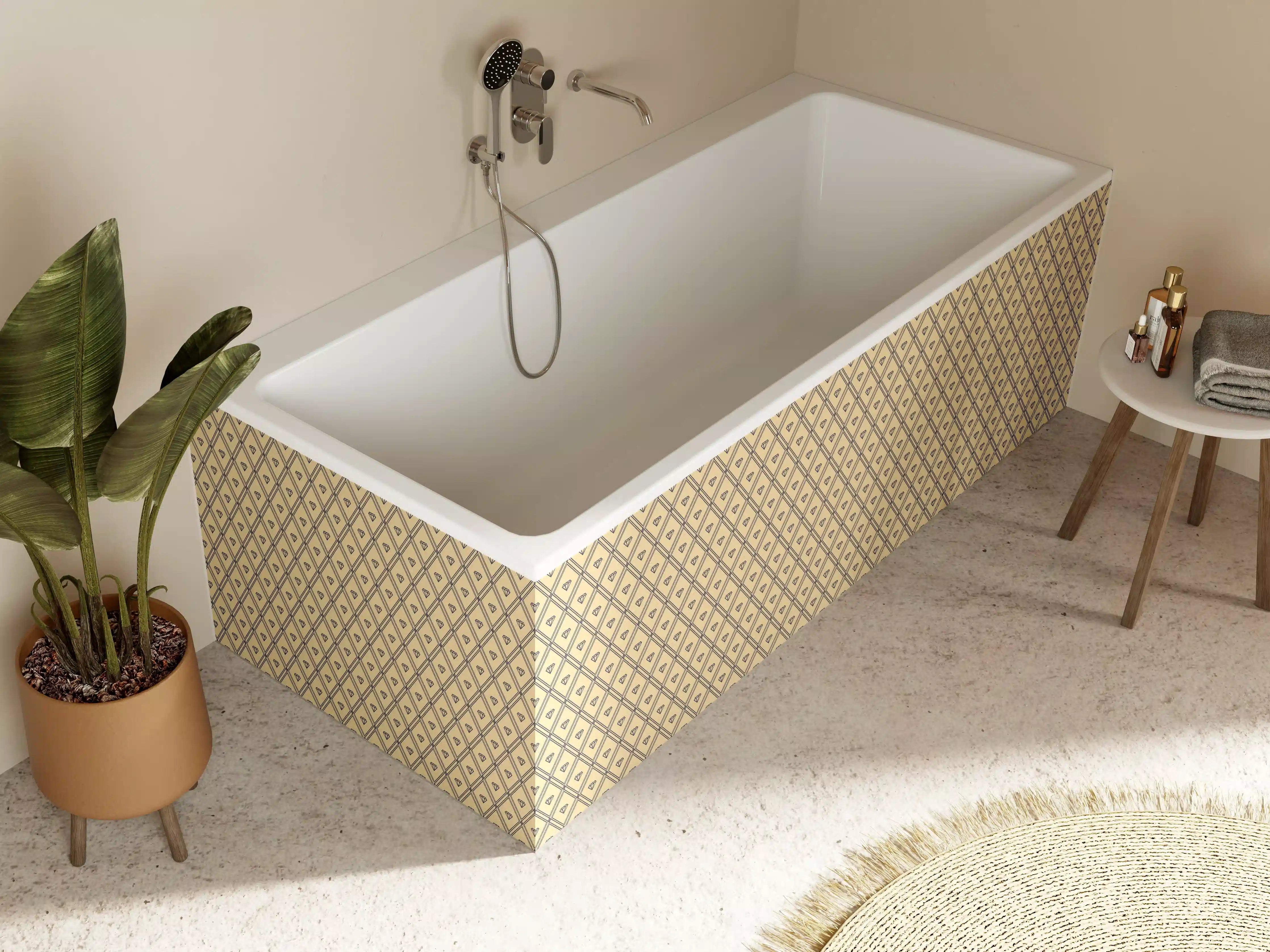 Badewannen-Rückwand - Schimmernde Goldmuster auf grauweißem Untergrund