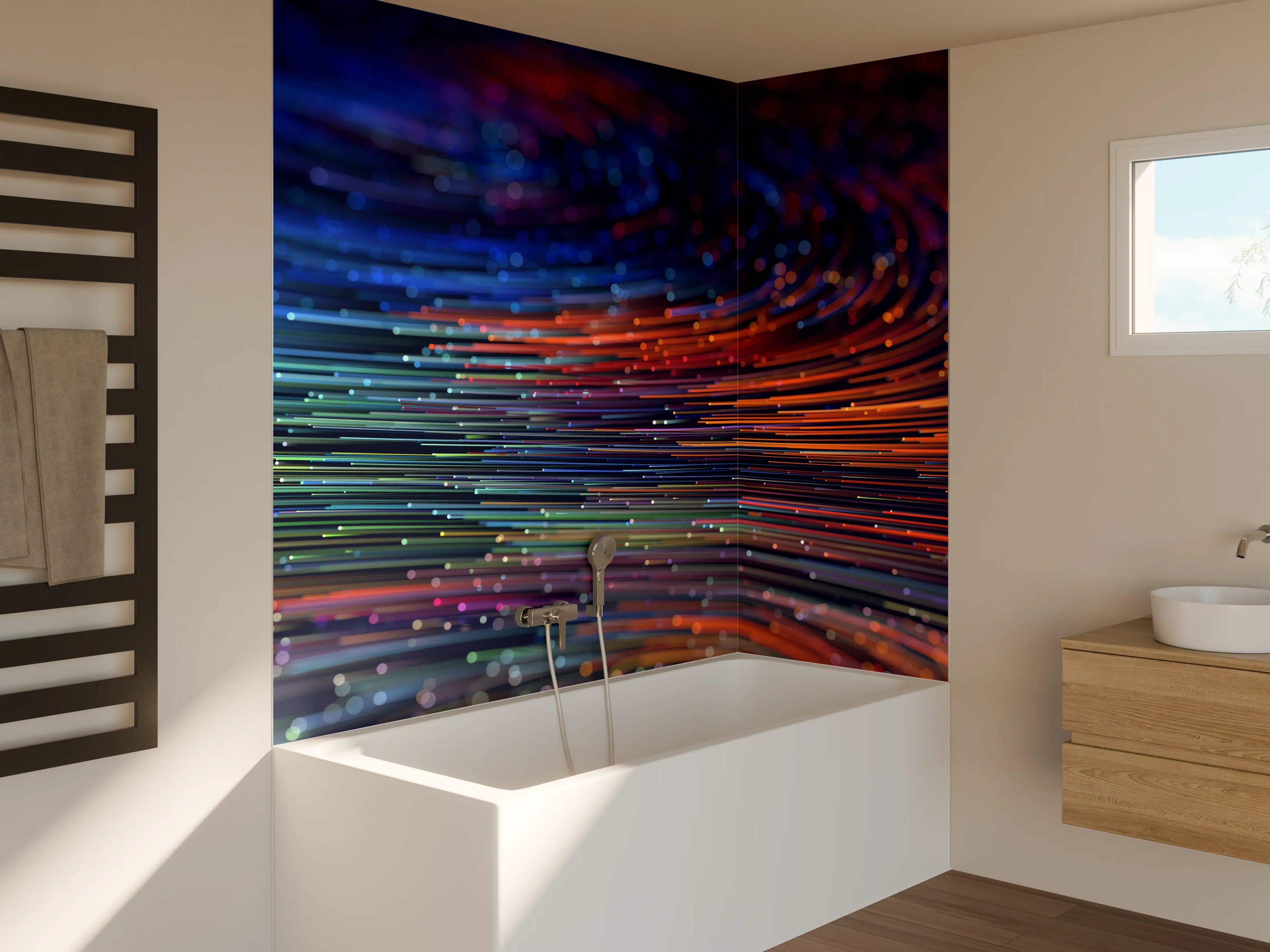 Badewannen-Rückwand - Schimmernde Grautöne im Lichtfluss