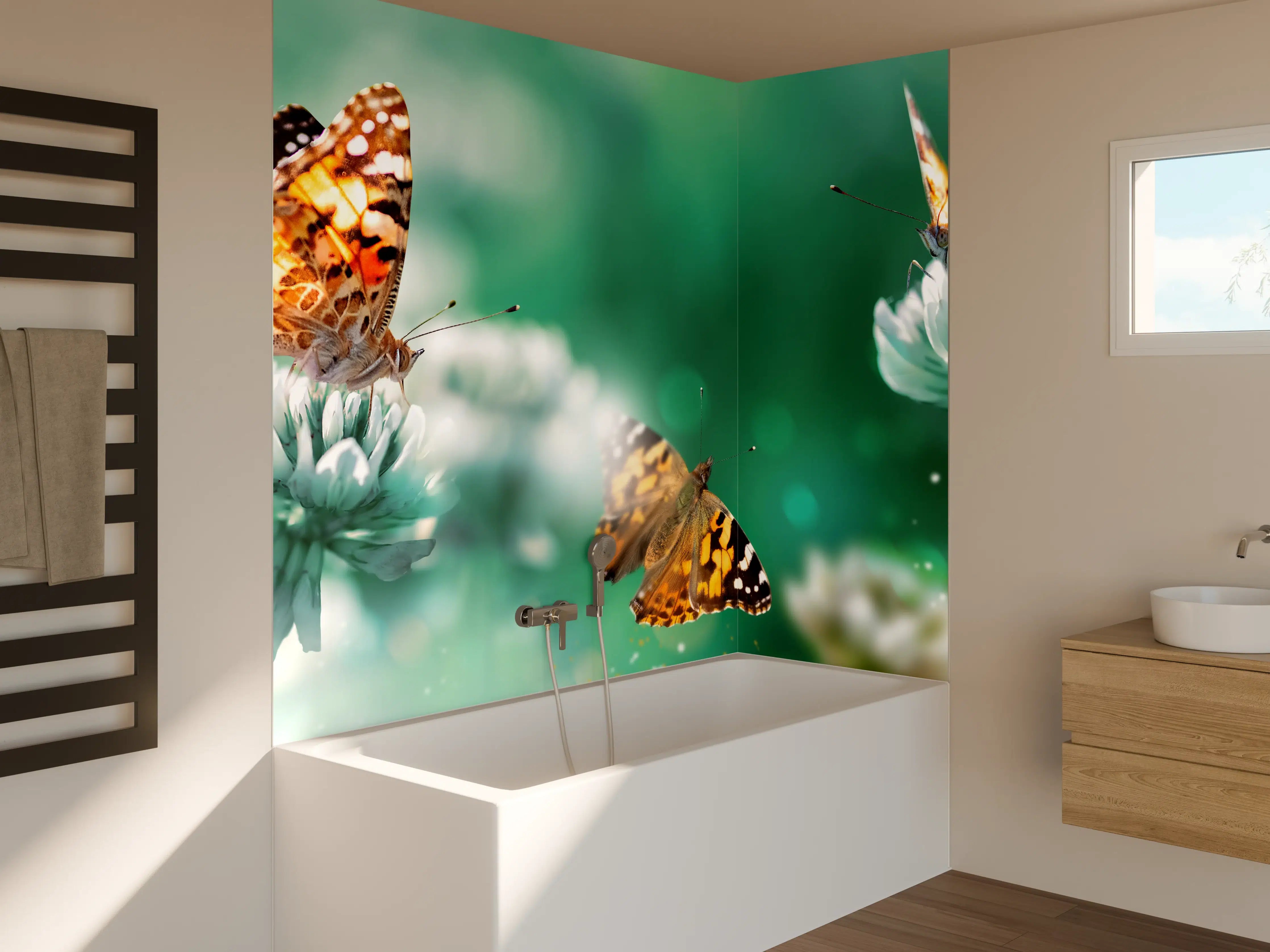 Badewannen-Rückwand - Schmetterling auf Weißkleeblüten