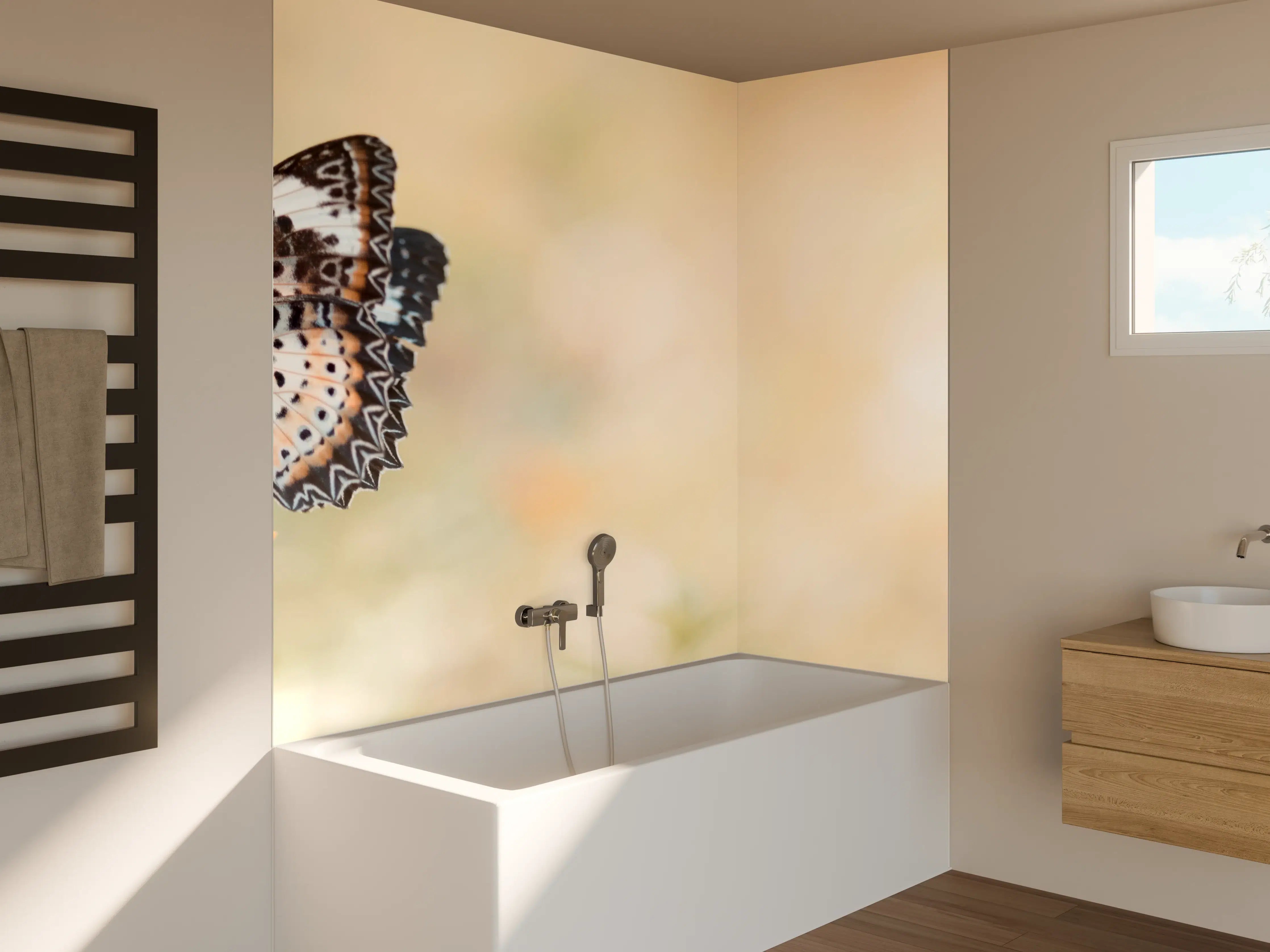 Badewannen-Rückwand - Schmetterling auf eine orangene Blume