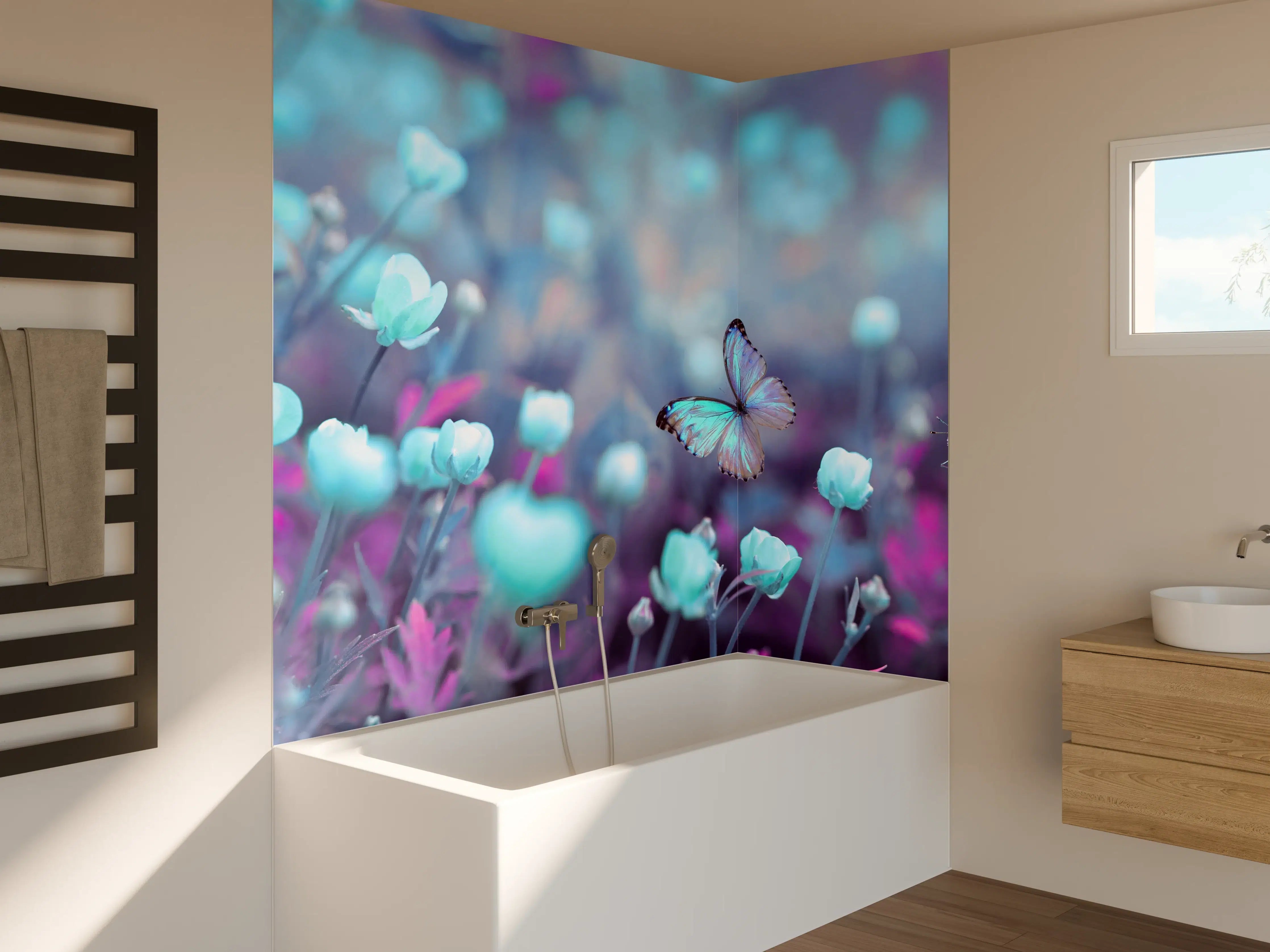 Badewannen-Rückwand - Schmetterlinge über wilden Blumen