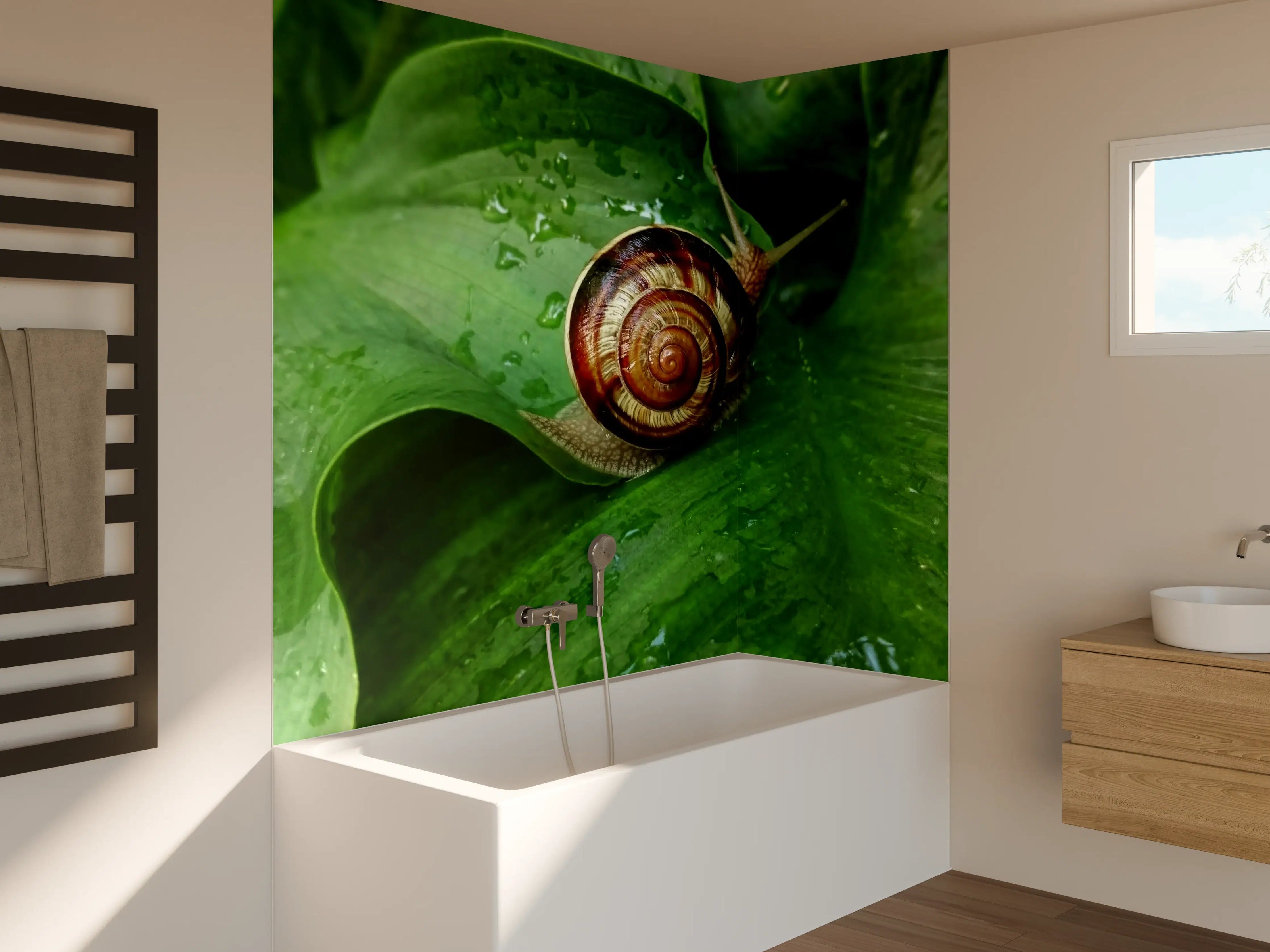 Badewannen-Rückwand - Schnecke auf einem nassen Blatt