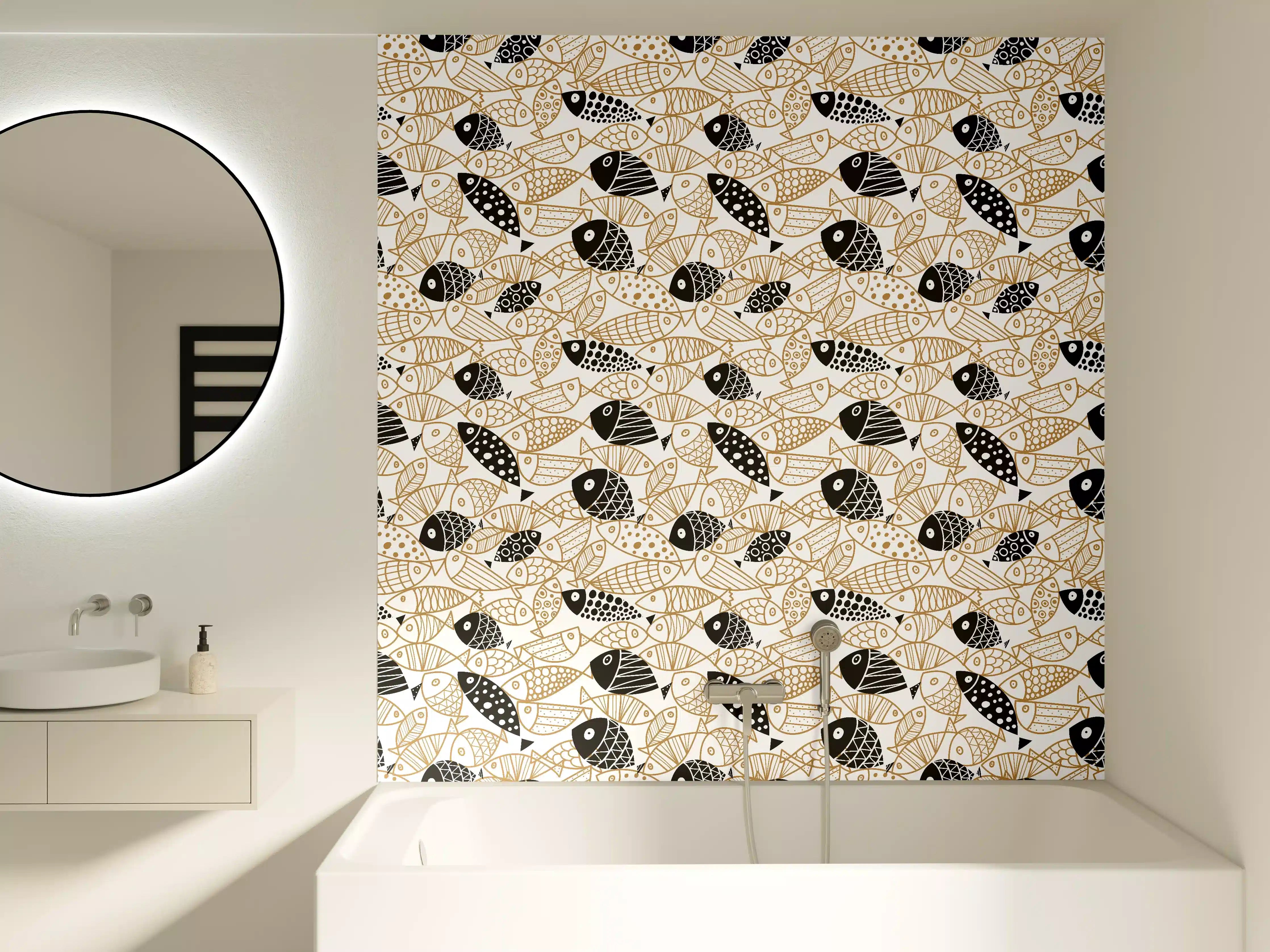 Badewannen-Rückwand - Schwarz-Gold Fische Muster