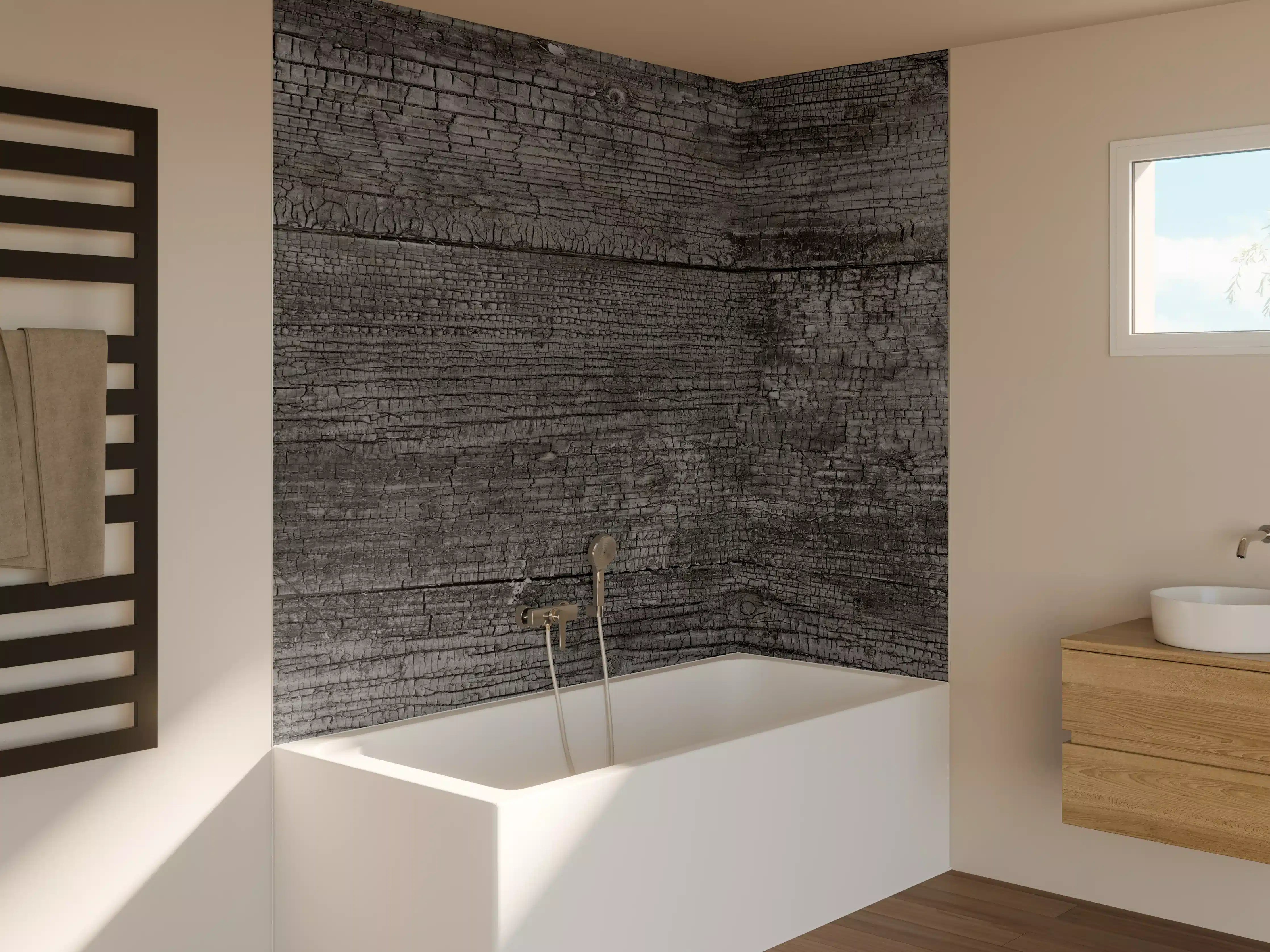 Badewannen-Rückwand - Schwarz-Graue Holztextur