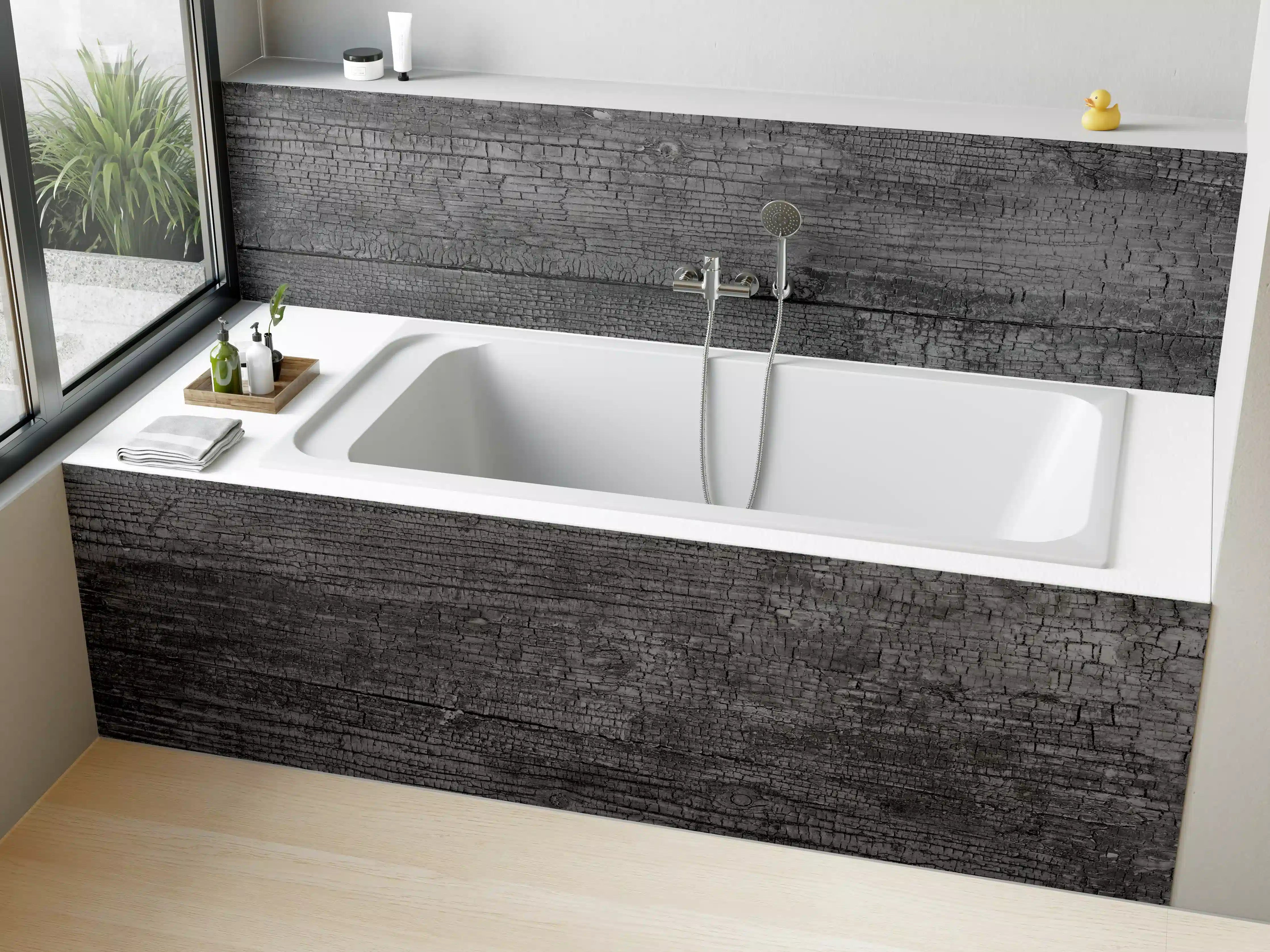 Badewannen-Rückwand - Schwarz-Graue Holztextur