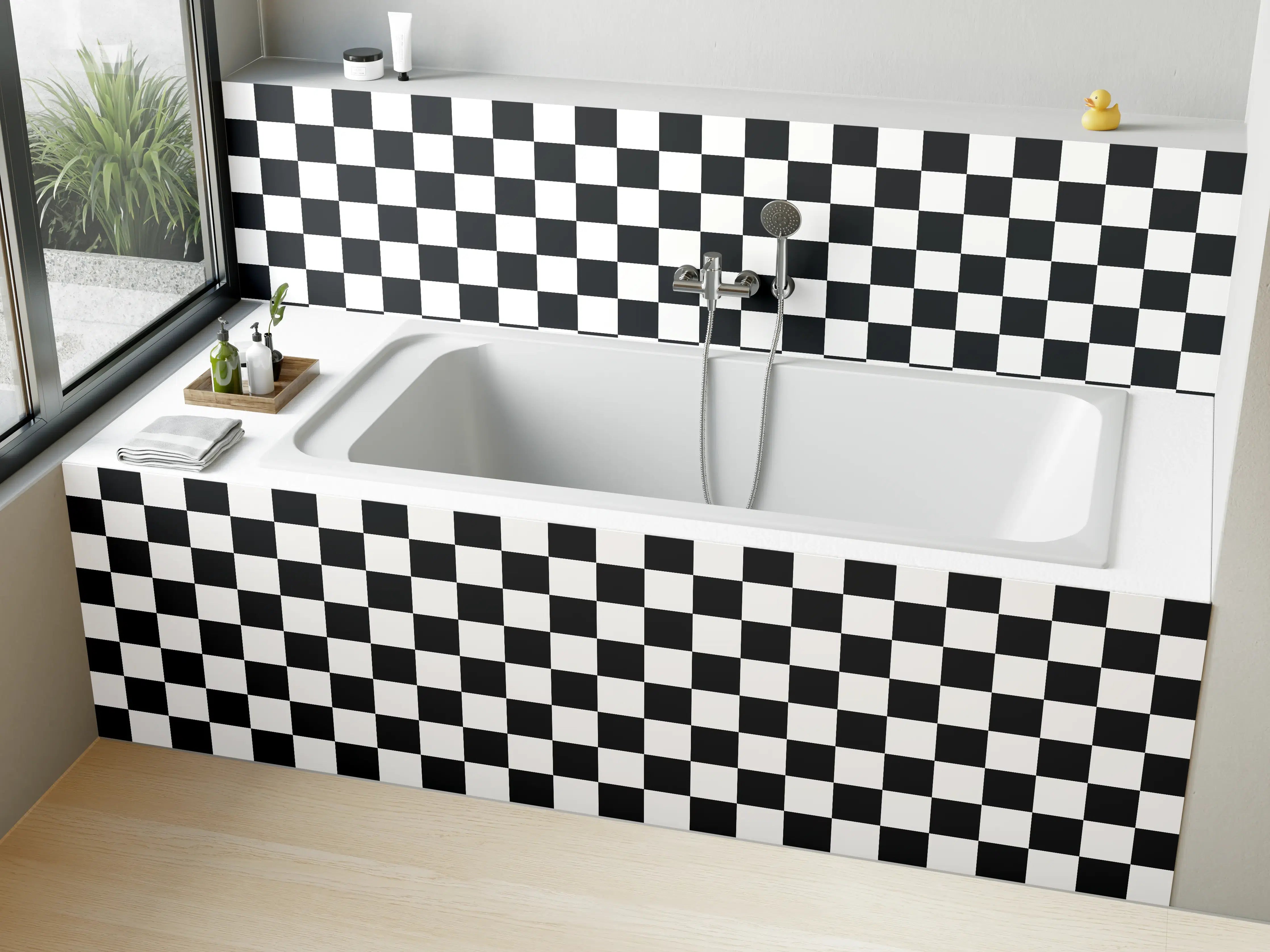 Badewannen-Rückwand - Schwarz-Weiß-Diamantenmuster