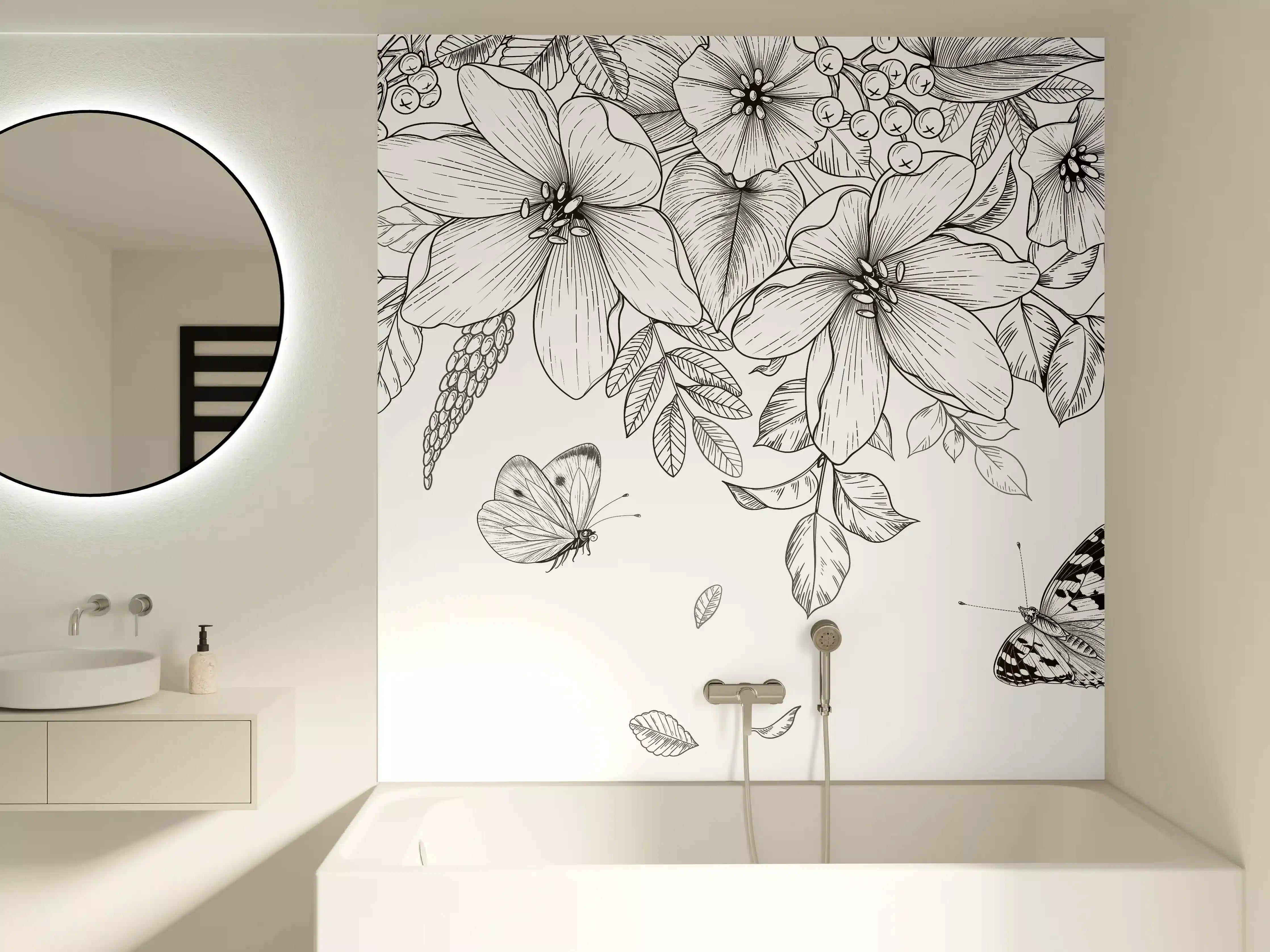 Badewannen-Rückwand - Schwarz-Weiß Floralzeichnung