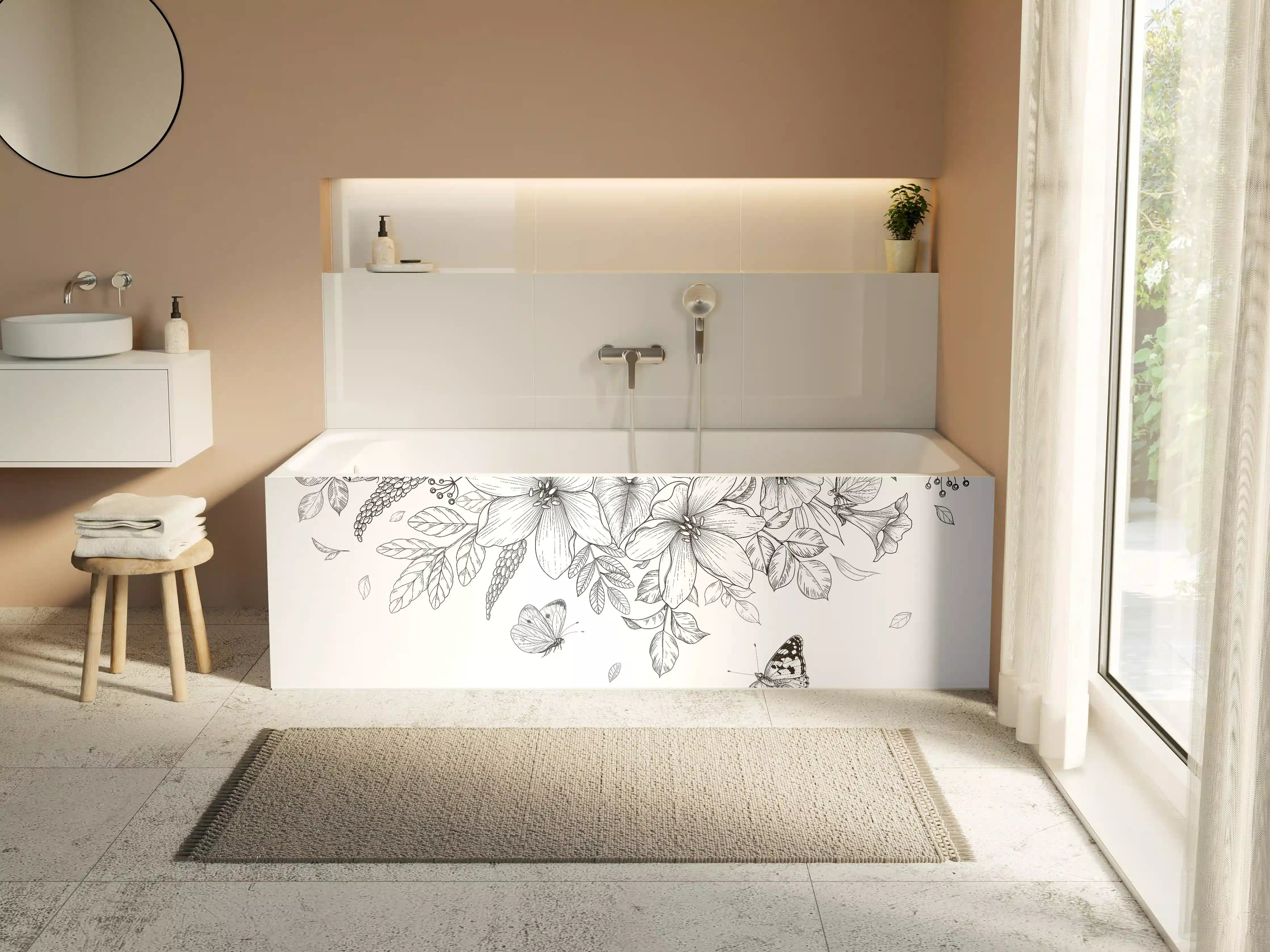 Badewannen-Rückwand - Schwarz-Weiß Floralzeichnung