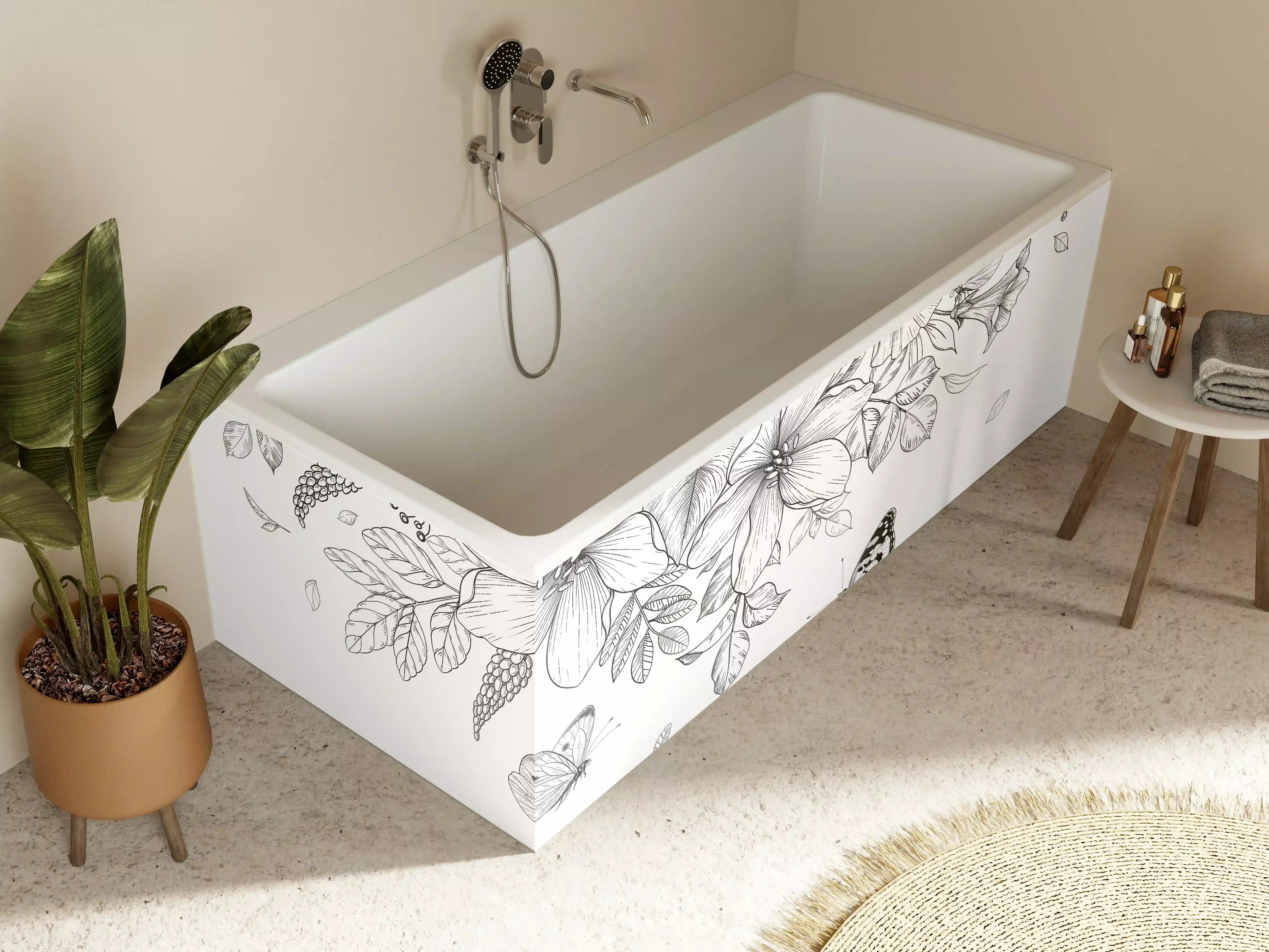 Badewannen-Rückwand - Schwarz-Weiß Floralzeichnung