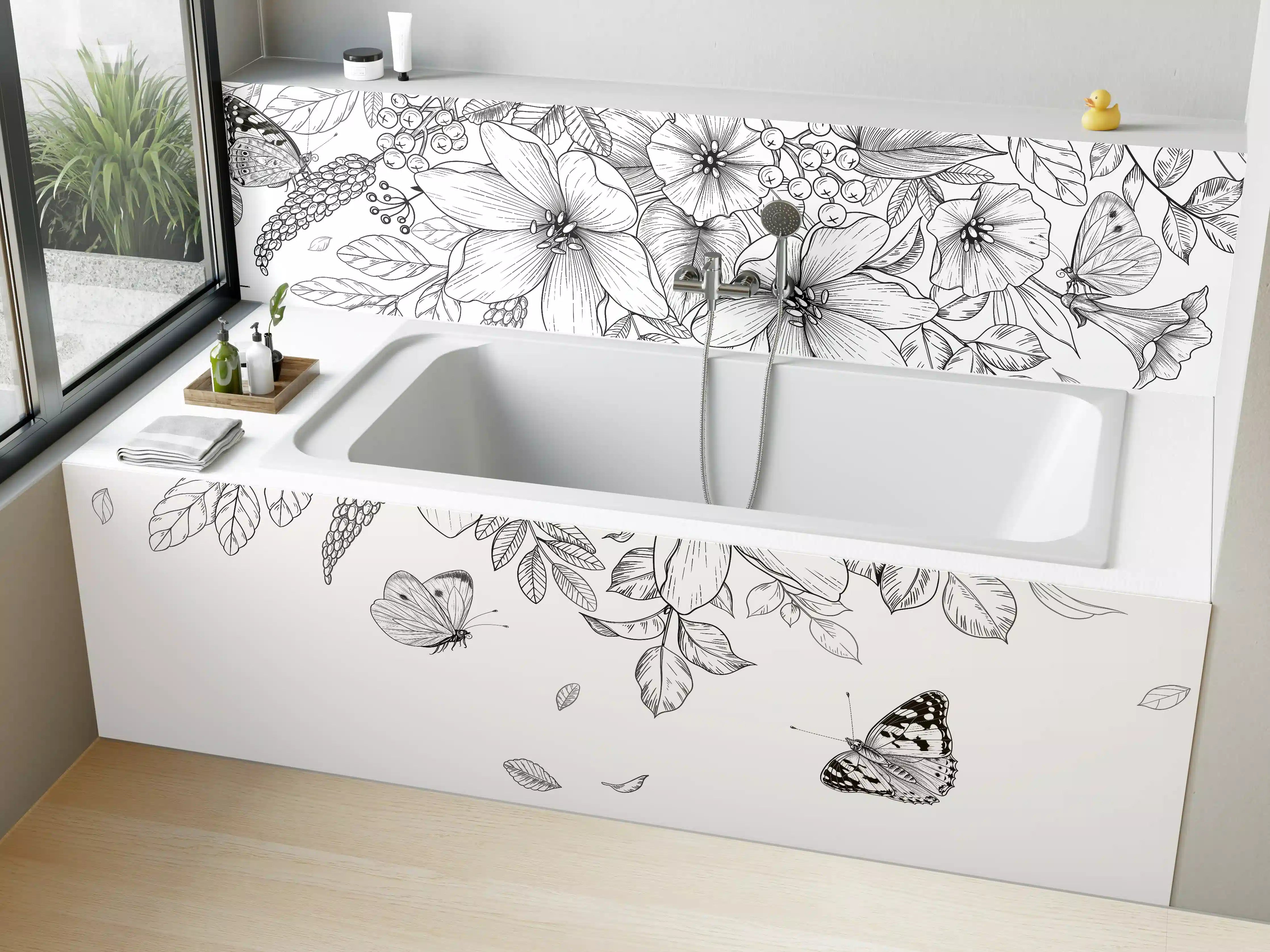 Badewannen-Rückwand - Schwarz-Weiß Floralzeichnung