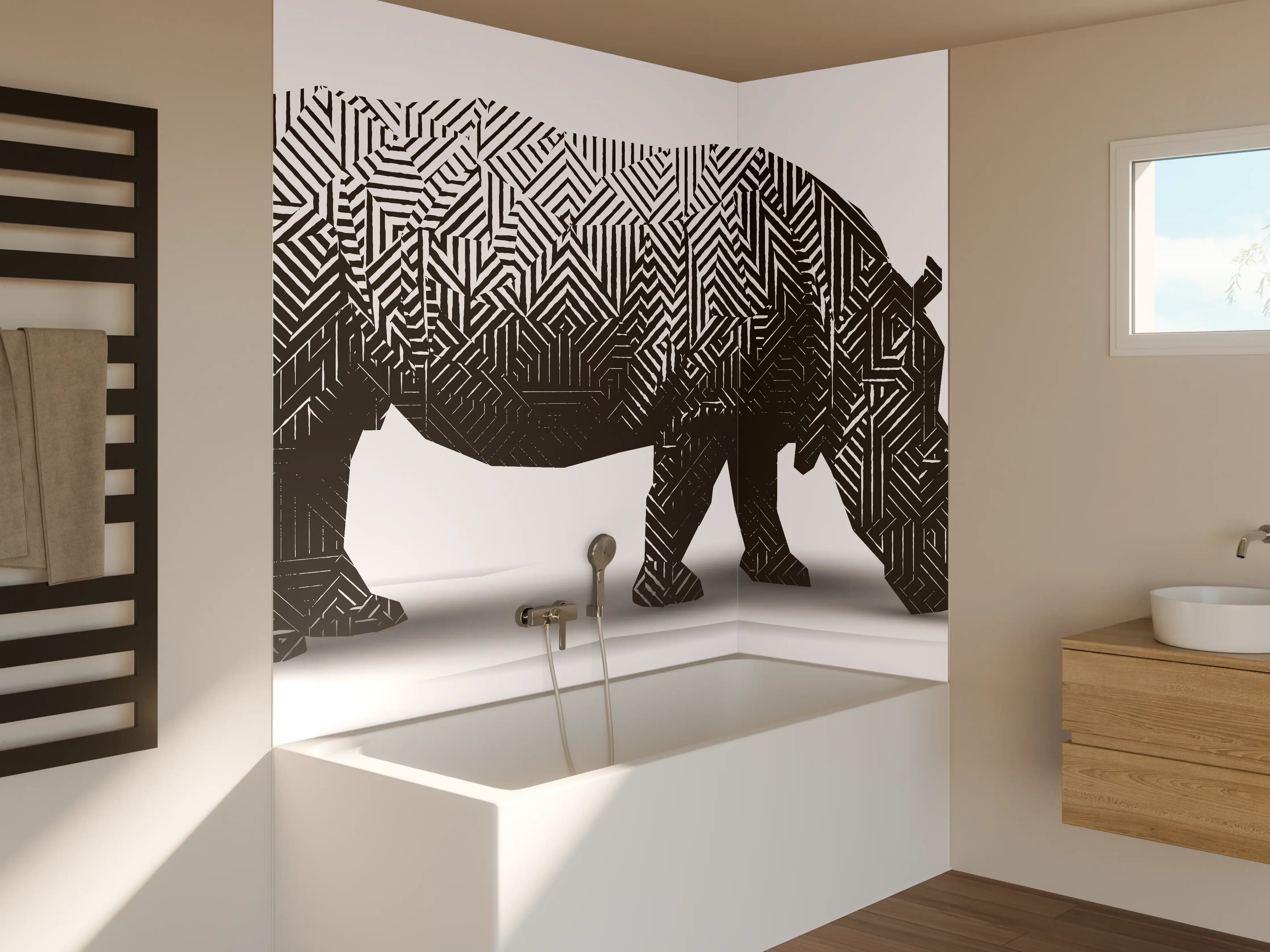 Badewannen-Rückwand - Schwarz-Weiß Grafik Nashorn