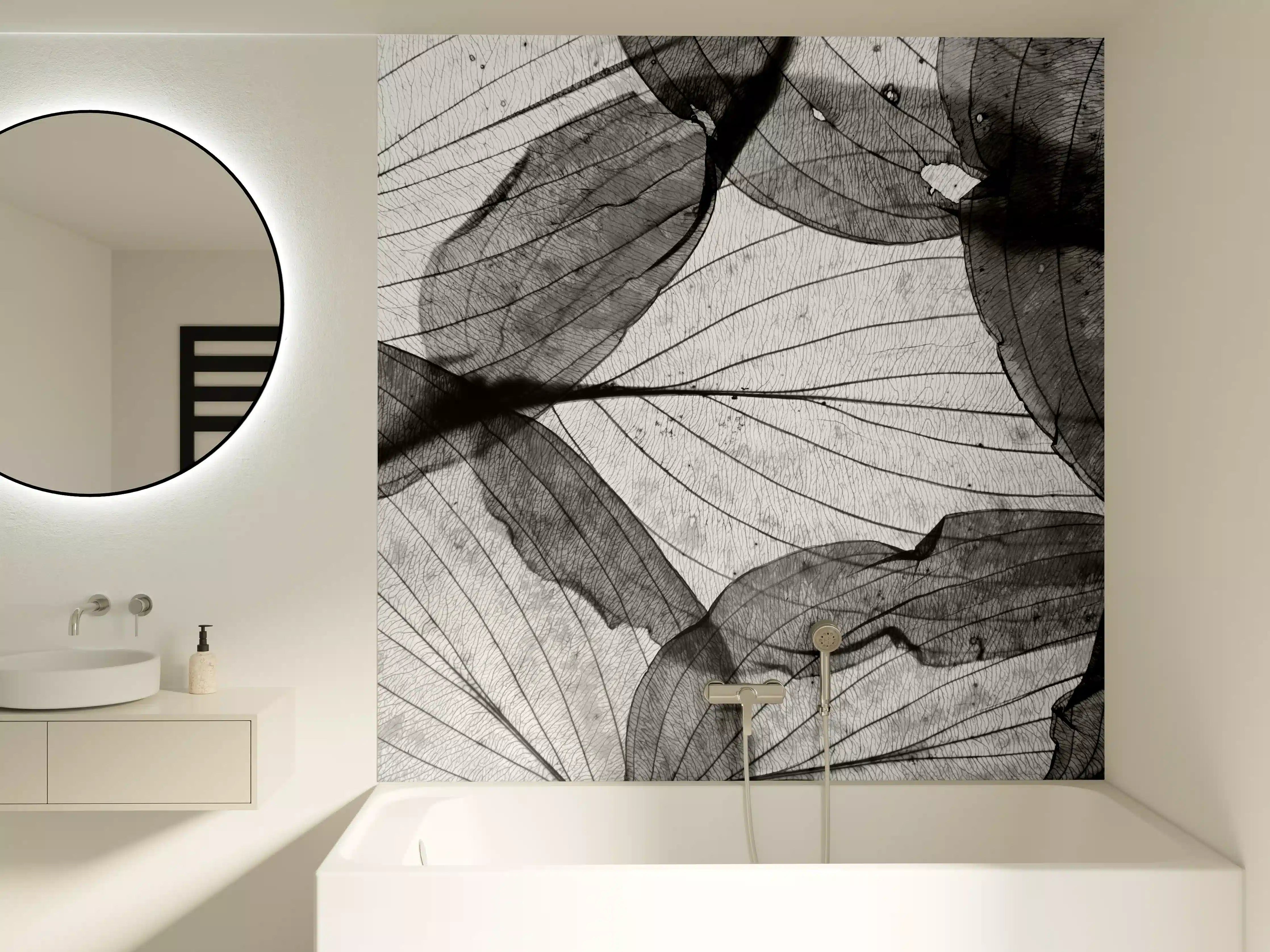 Badewannen-Rückwand - Schwarz-Weiß Herbstlaub Textur