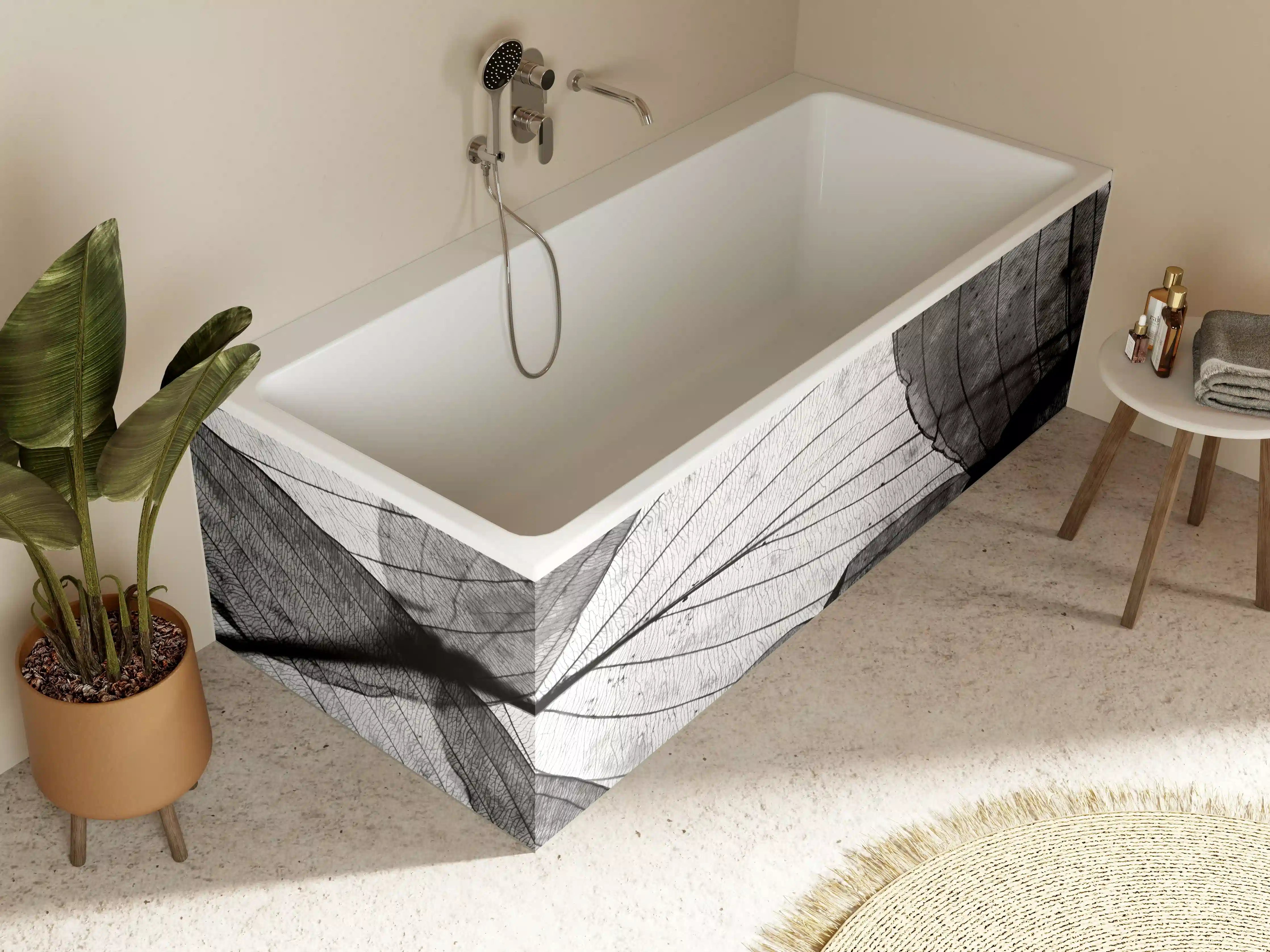 Badewannen-Rückwand - Schwarz-Weiß Herbstlaub Textur