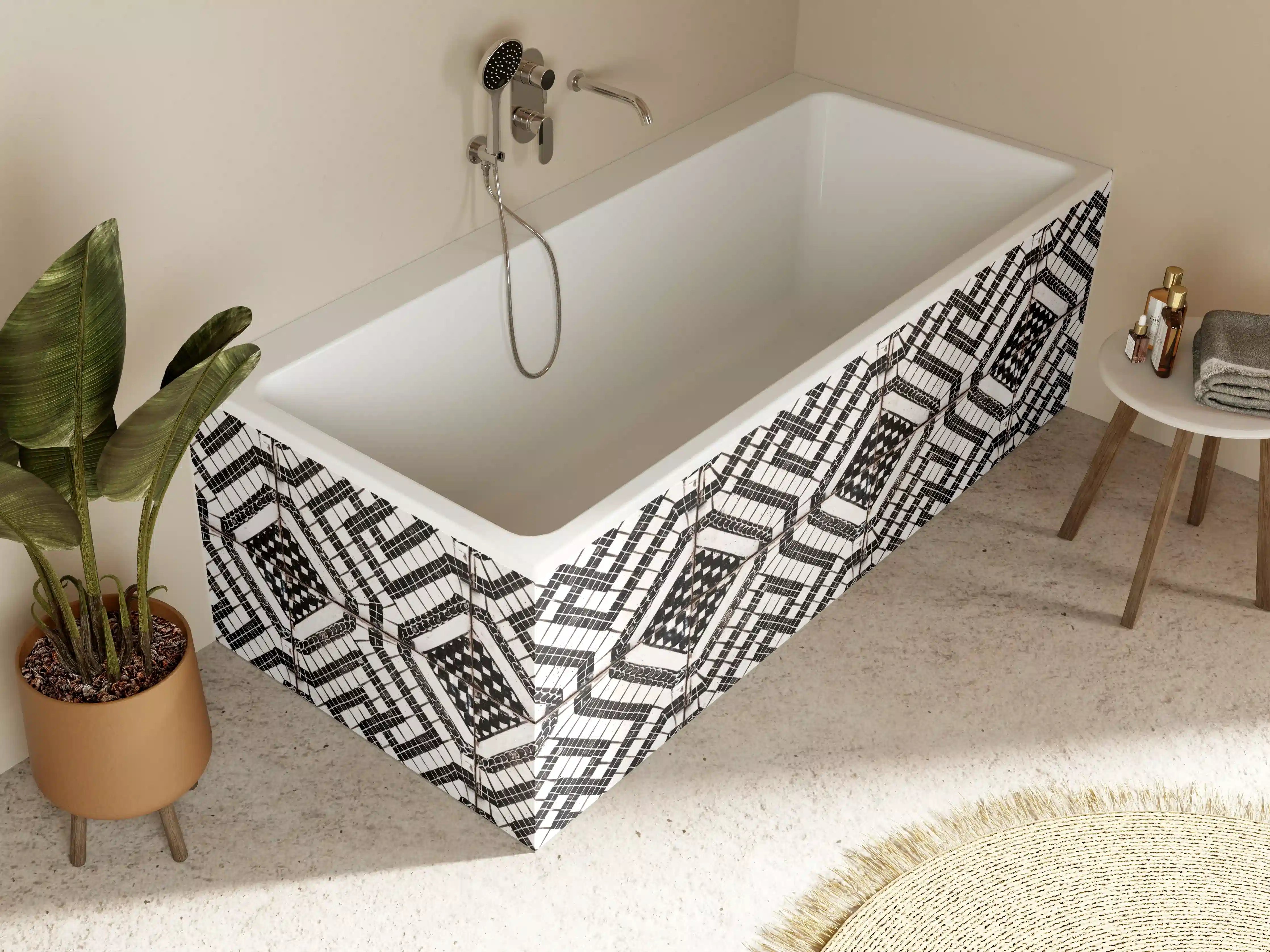 Badewannen-Rückwand - Schwarz-Weiß-Musterfliesen mit geometrischer Kunst