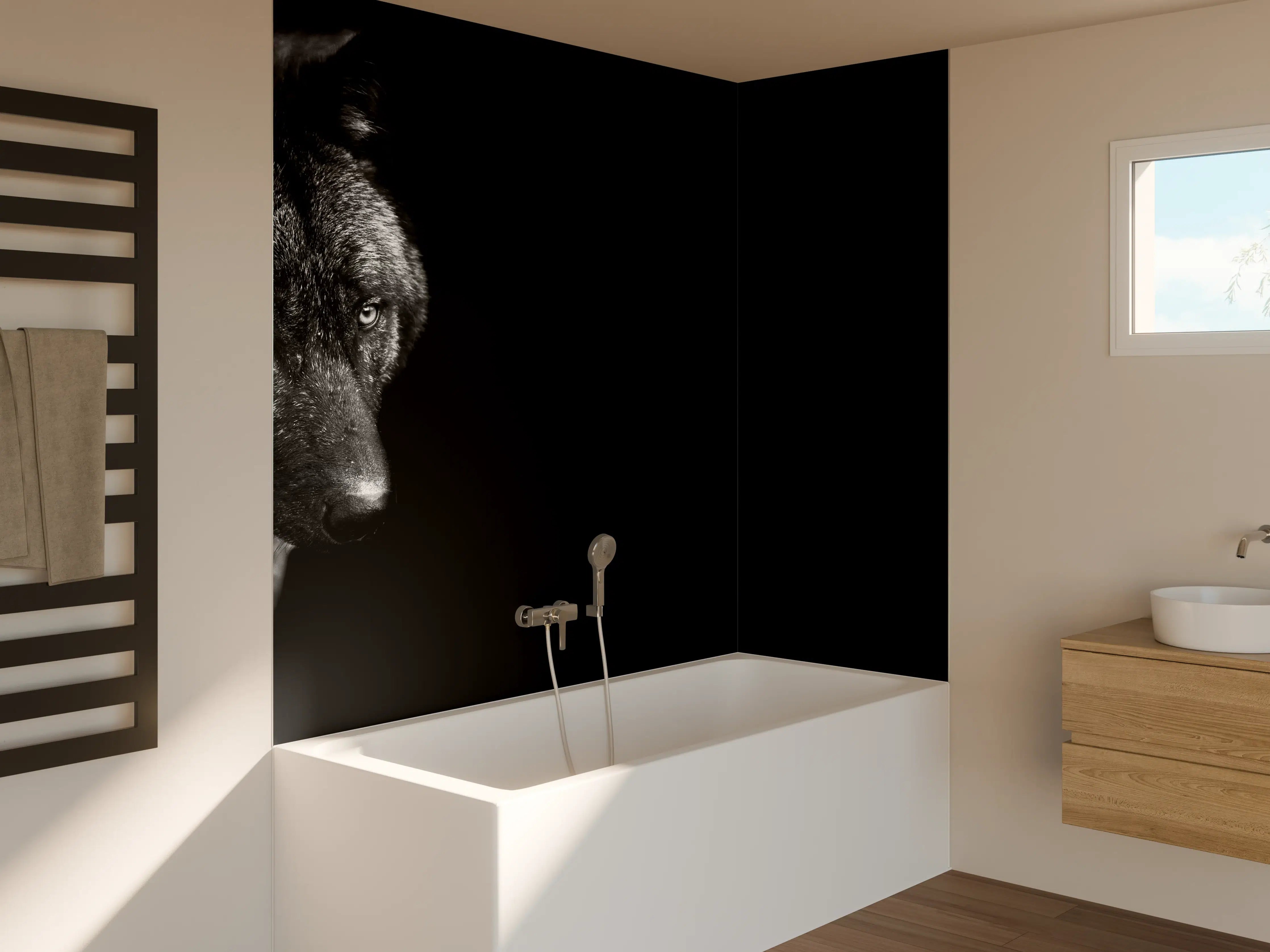 Badewannen-Rückwand - Schwarz-Weiß Wolf Porträt