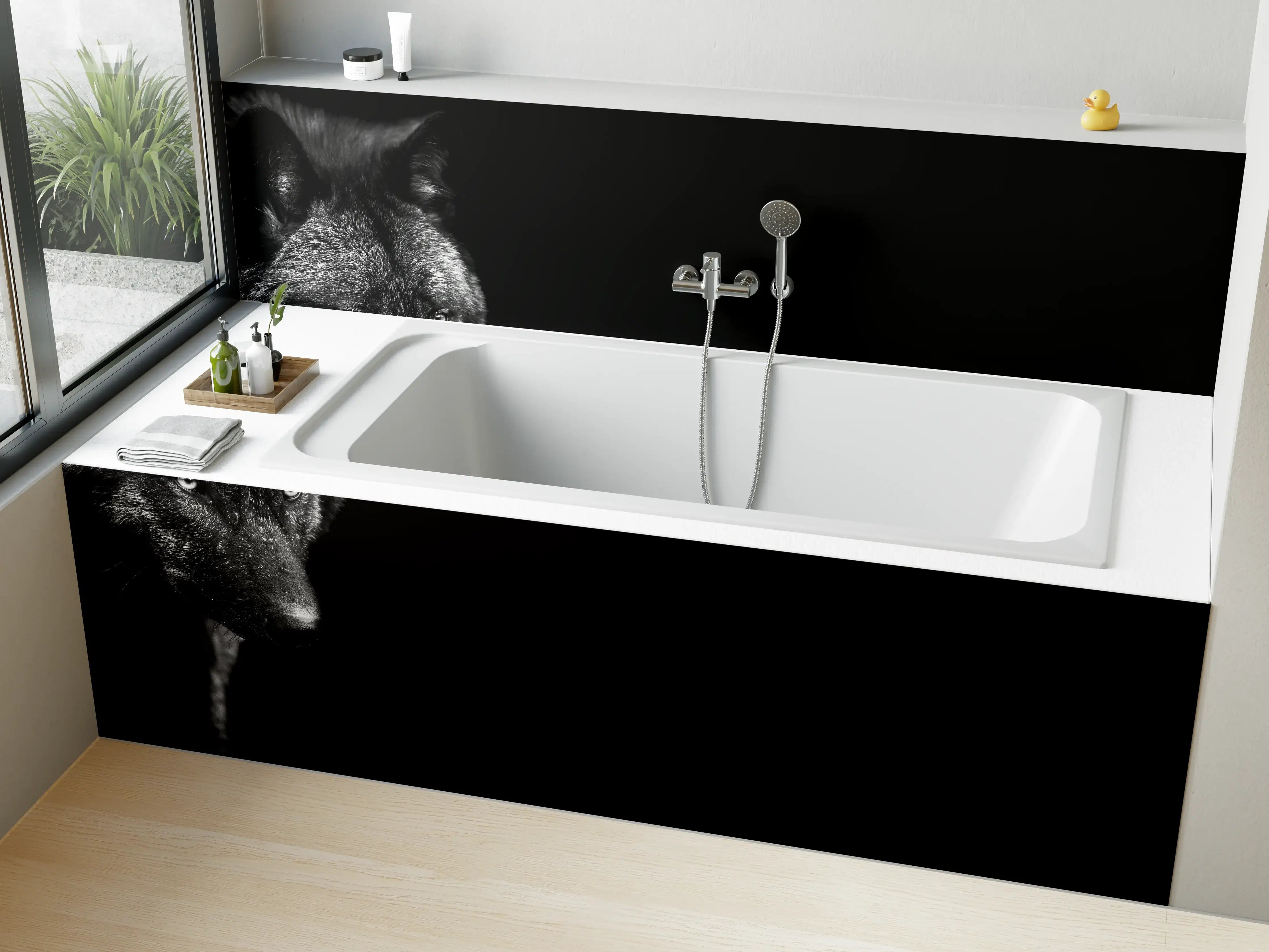 Badewannen-Rückwand - Schwarz-Weiß Wolf Porträt