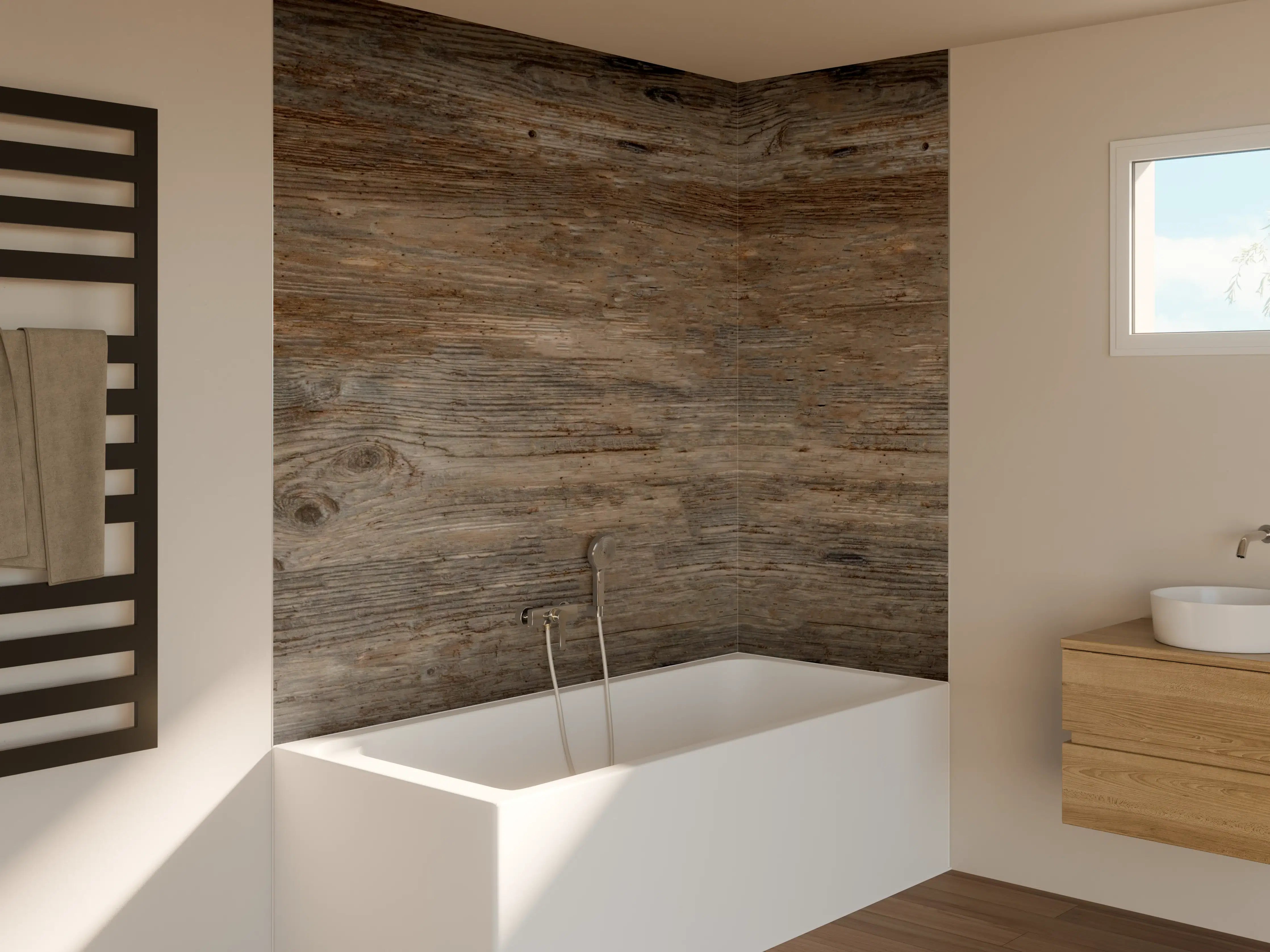 Badewannen-Rückwand - Schwarz-braune Holzplatte