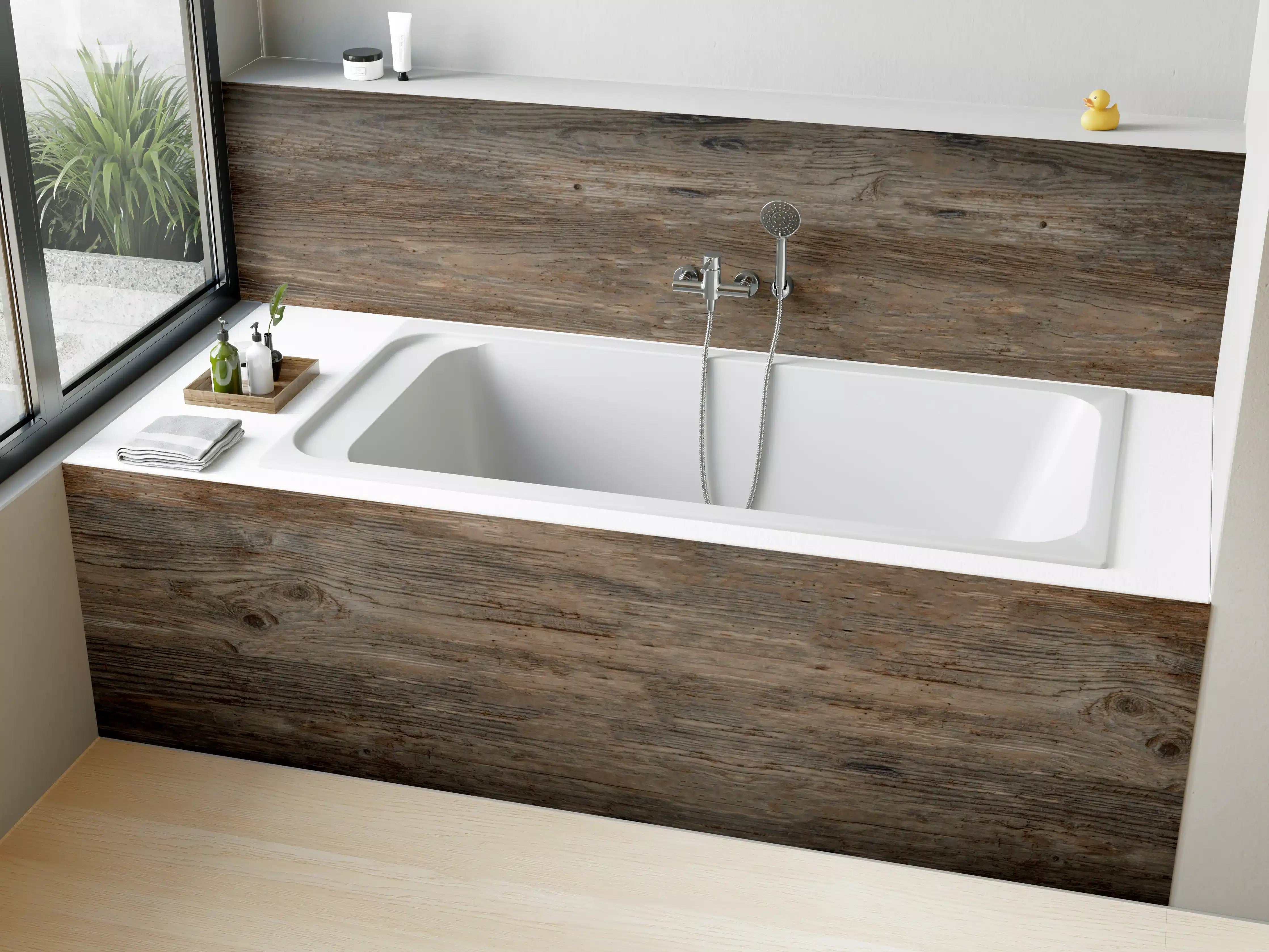 Badewannen-Rückwand - Schwarz-braune Holzplatte