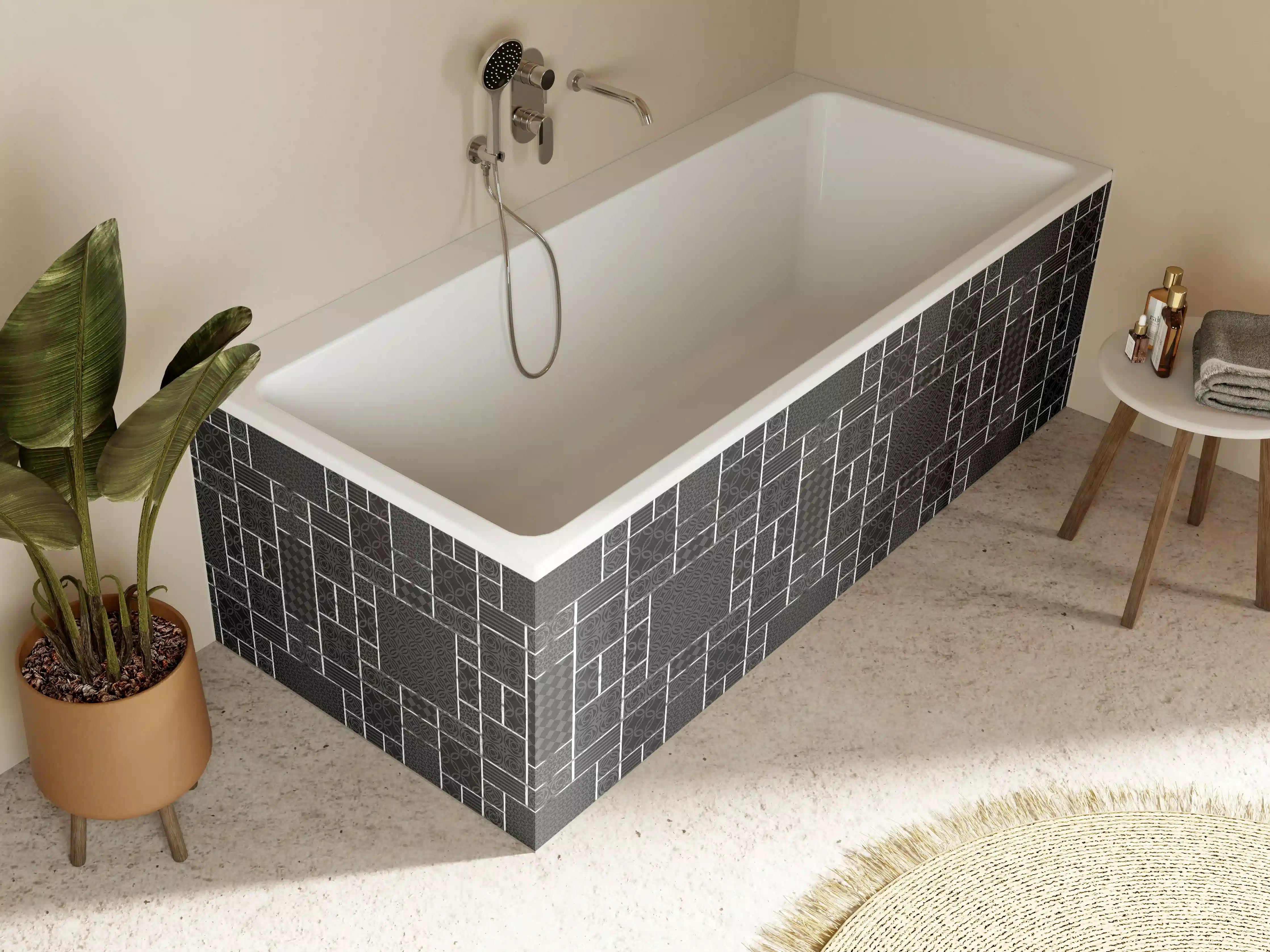Badewannen-Rückwand - Schwarz geometrische Fliesen