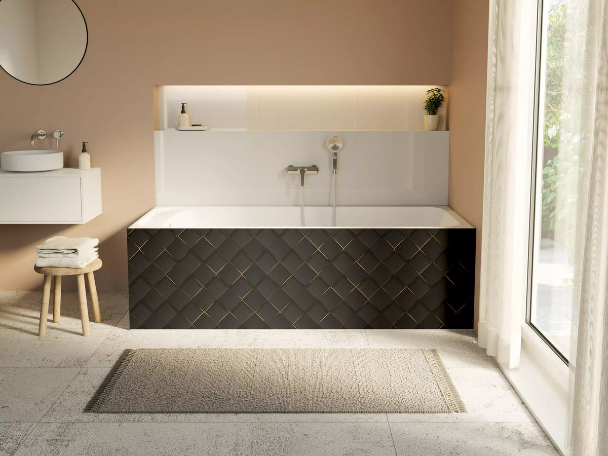 Badewannen-Rückwand - Schwarz-goldene, eleganten Steineffekt