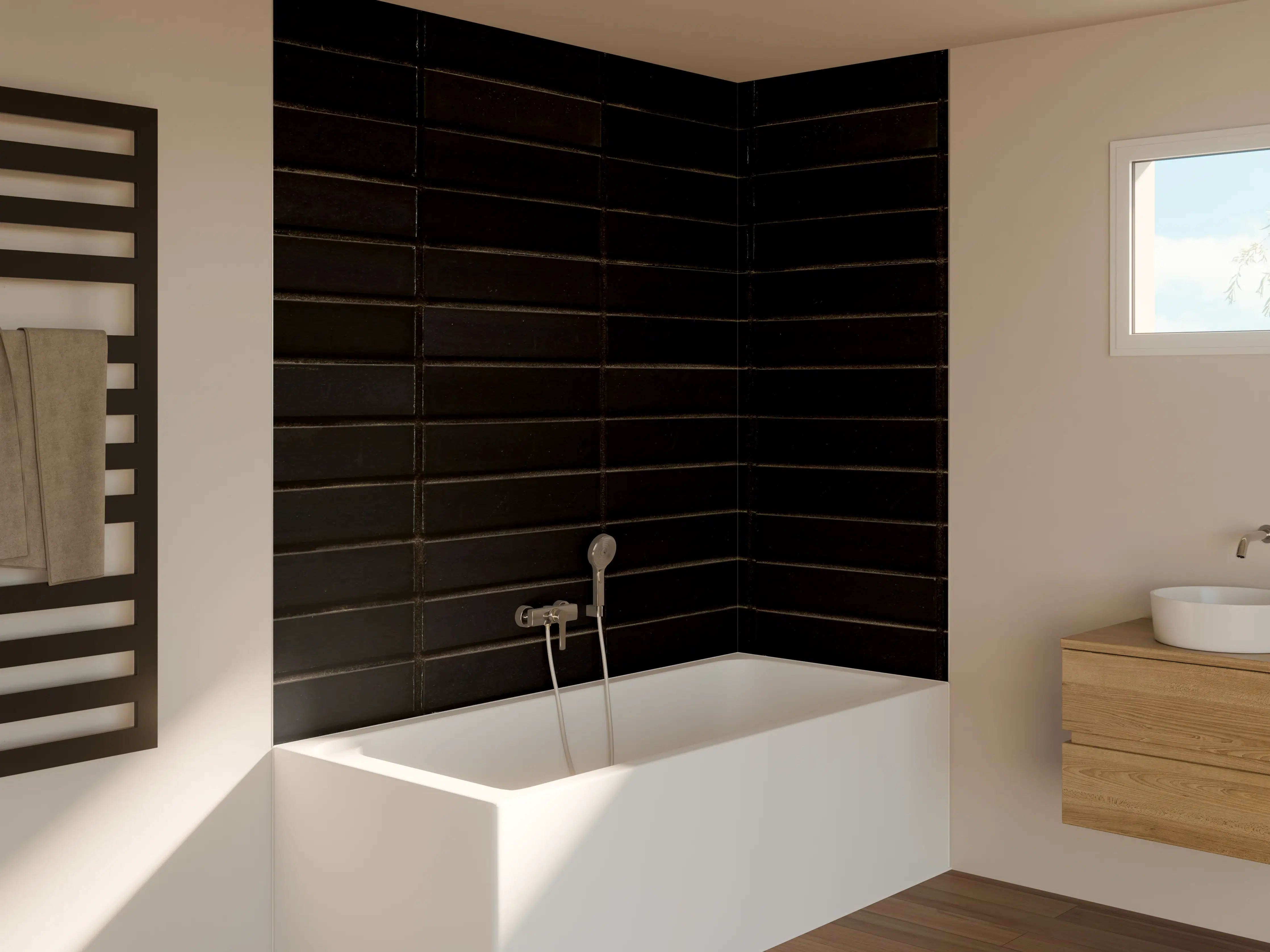 Badewannen-Rückwand - Schwarze Backsteinmauer mit goldener Akzent