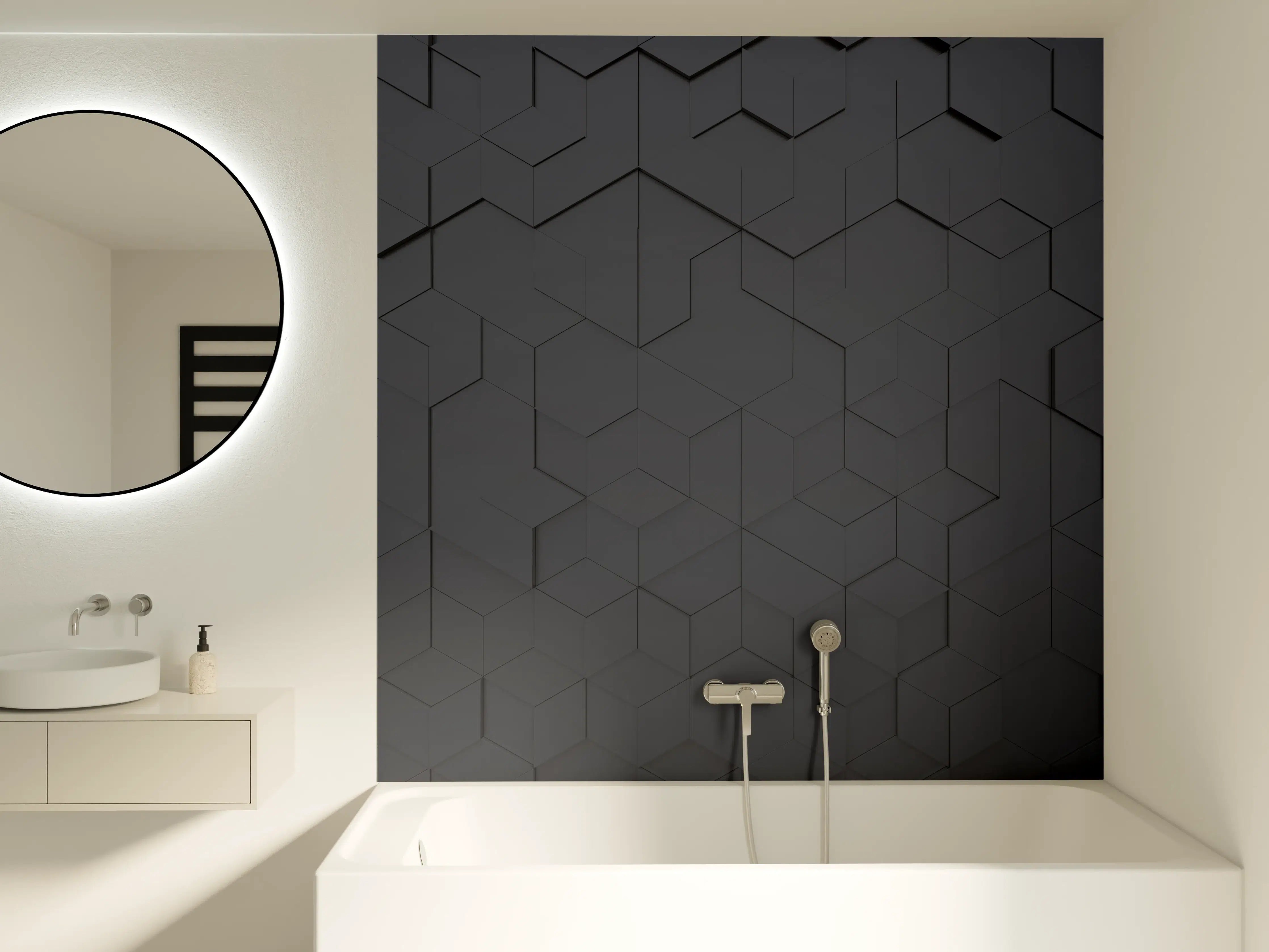 Badewannen-Rückwand - Schwarze Hexagon-Tech-Struktur