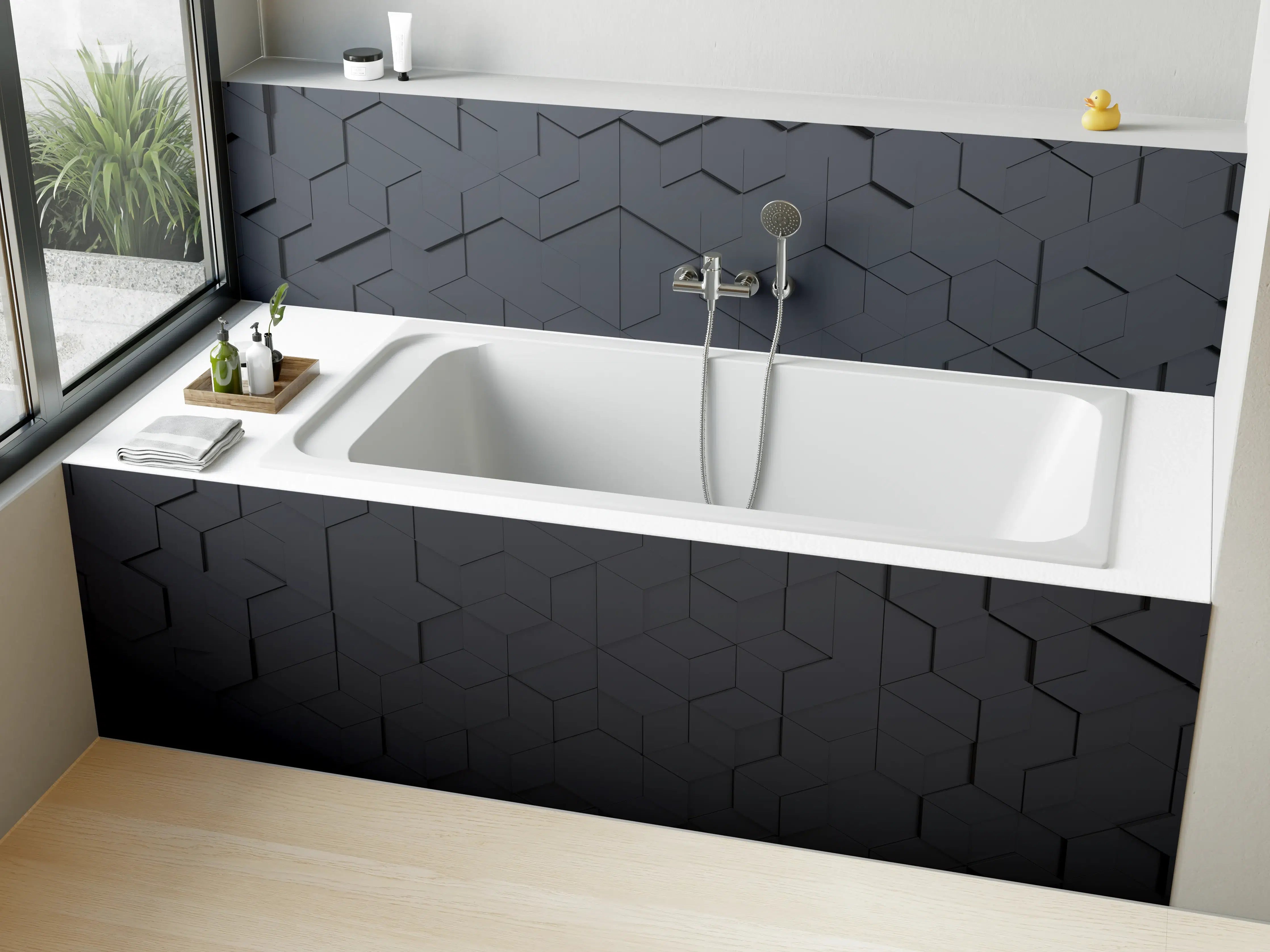 Badewannen-Rückwand - Schwarze Hexagon-Tech-Struktur