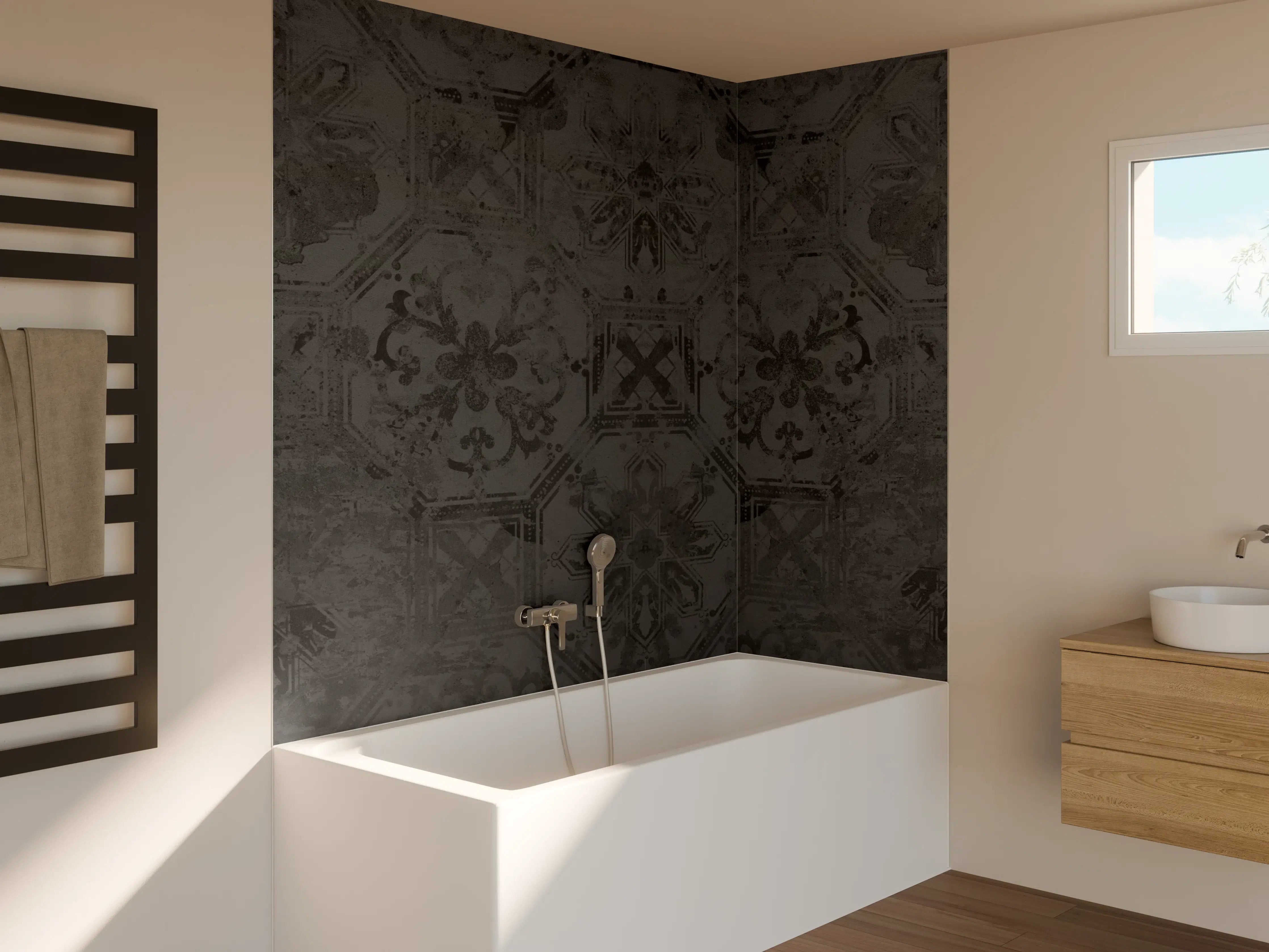 Badewannen-Rückwand - Schwarze Keramik Motiv