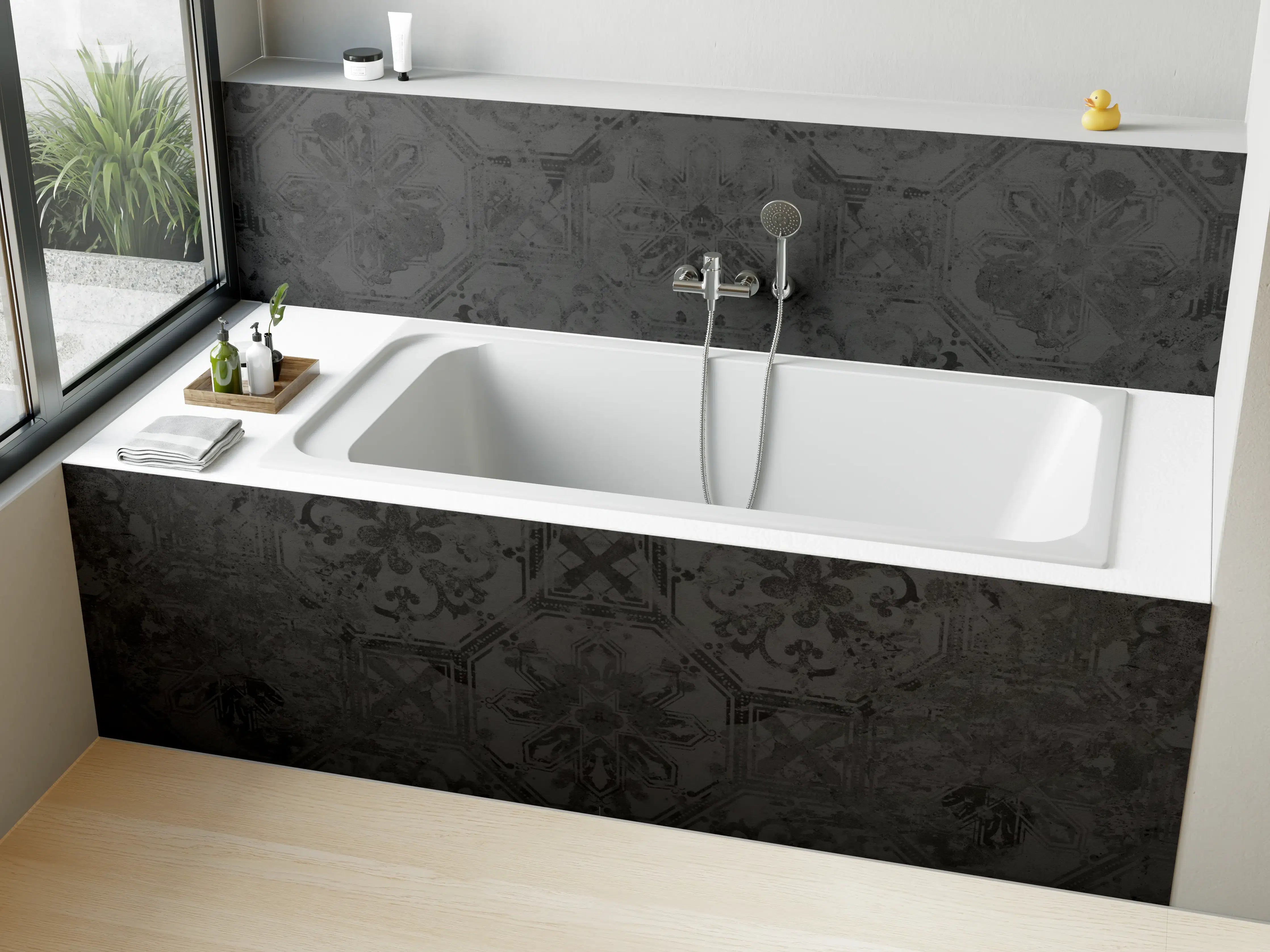 Badewannen-Rückwand - Schwarze Keramik Motiv