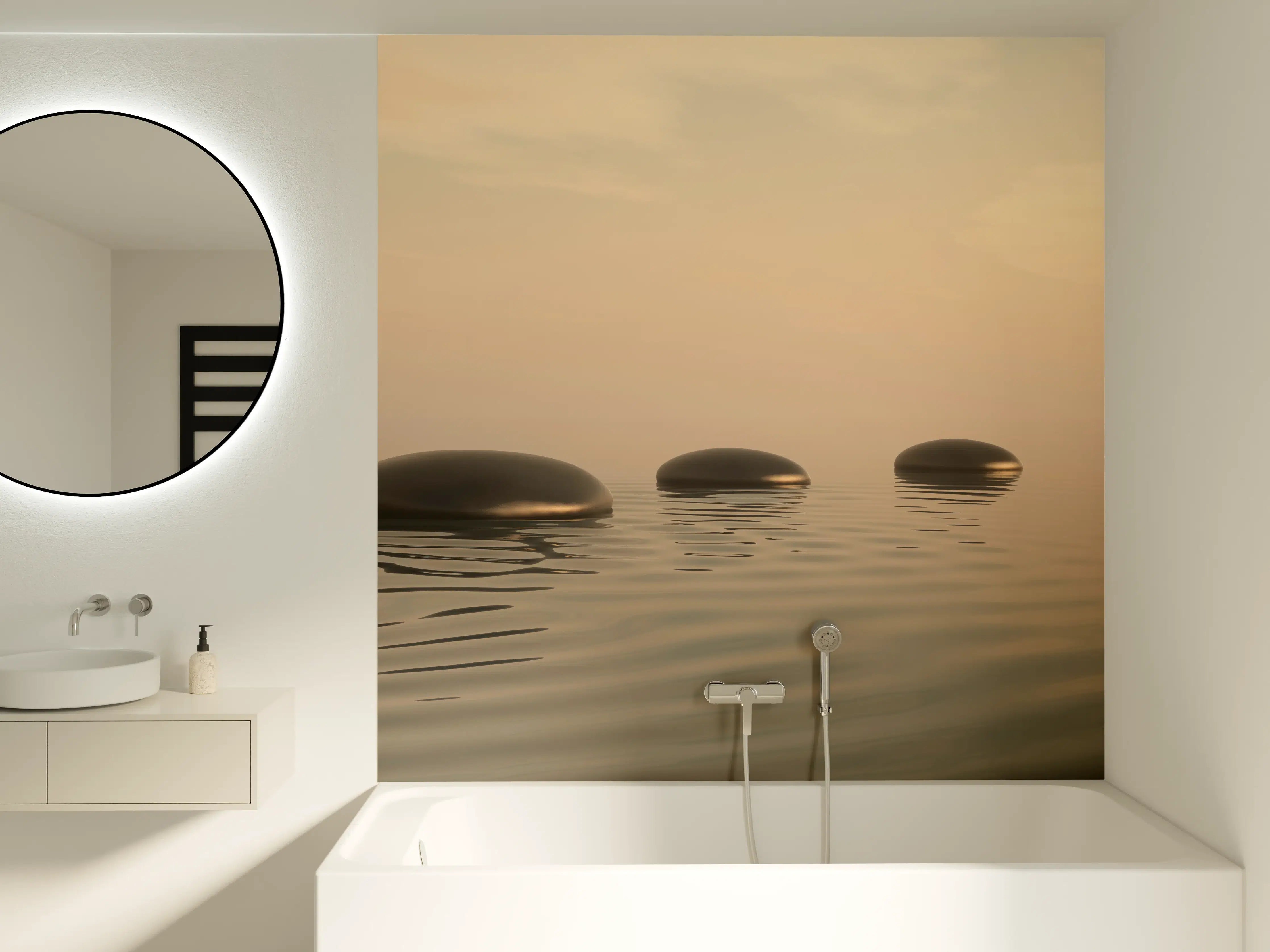 Badewannen-Rückwand - Schwarze Zen-Steine auf ruhigem Beige