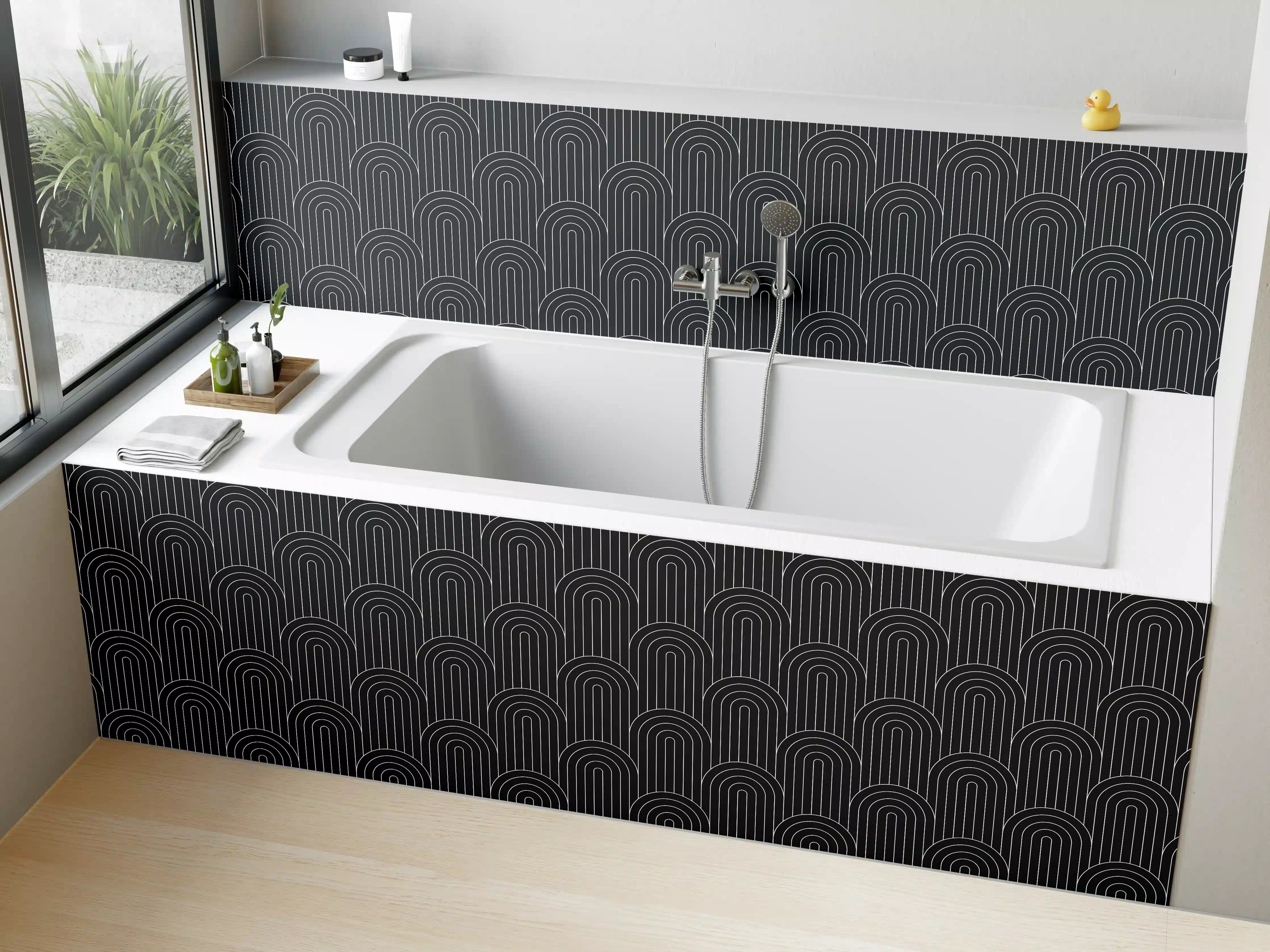 Badewannen-Rückwand - Schwarze geometrische Muster mit feiner Linienführung
