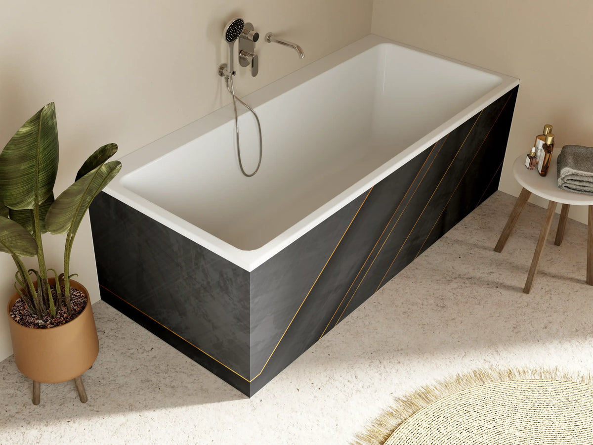 Badewannen-Rückwand - Schwarze, elegante Textur mit goldenen Akzenten
