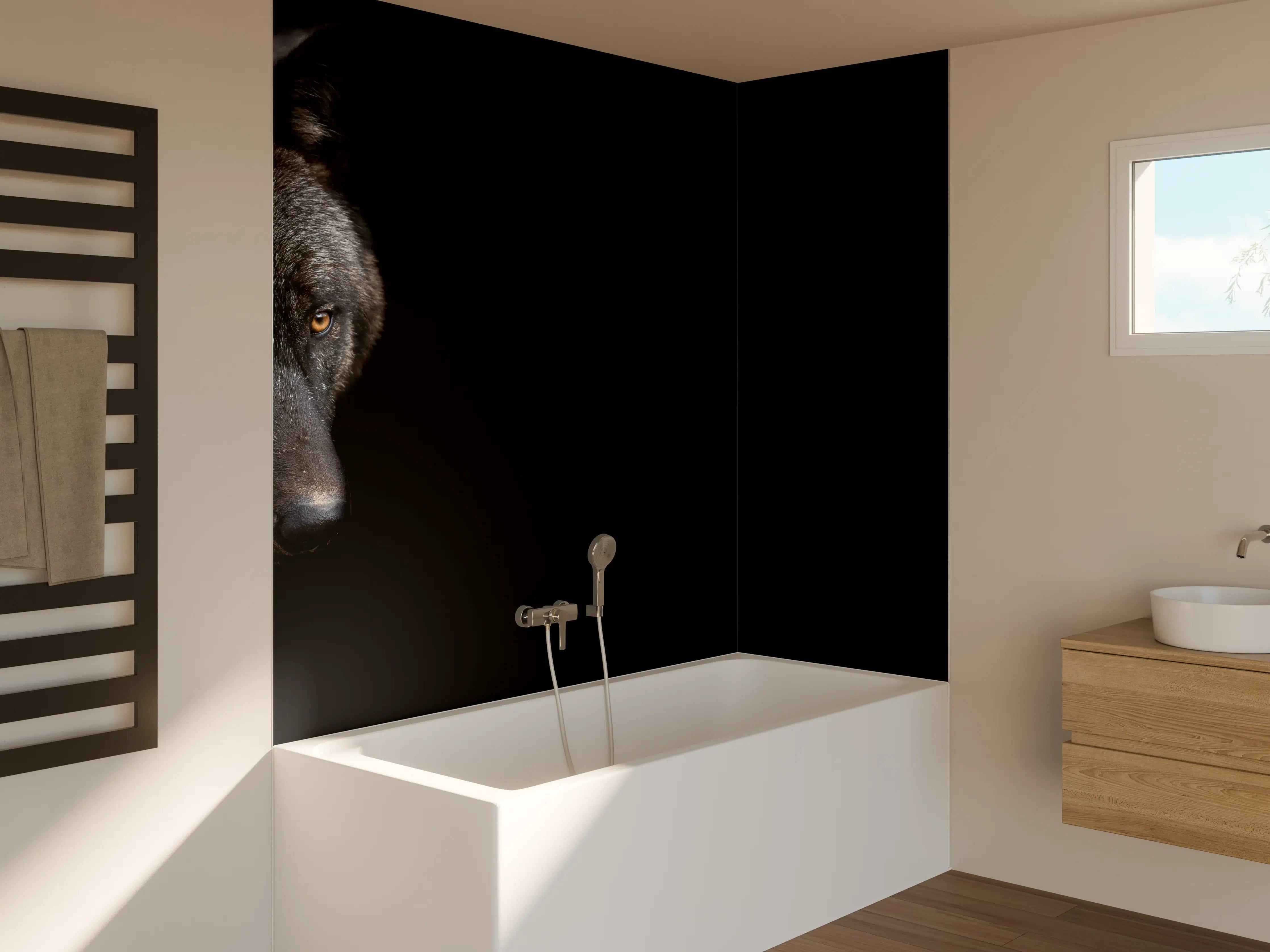 Badewannen-Rückwand - Schwarzer Wolf auf schwarzem Hintergrund