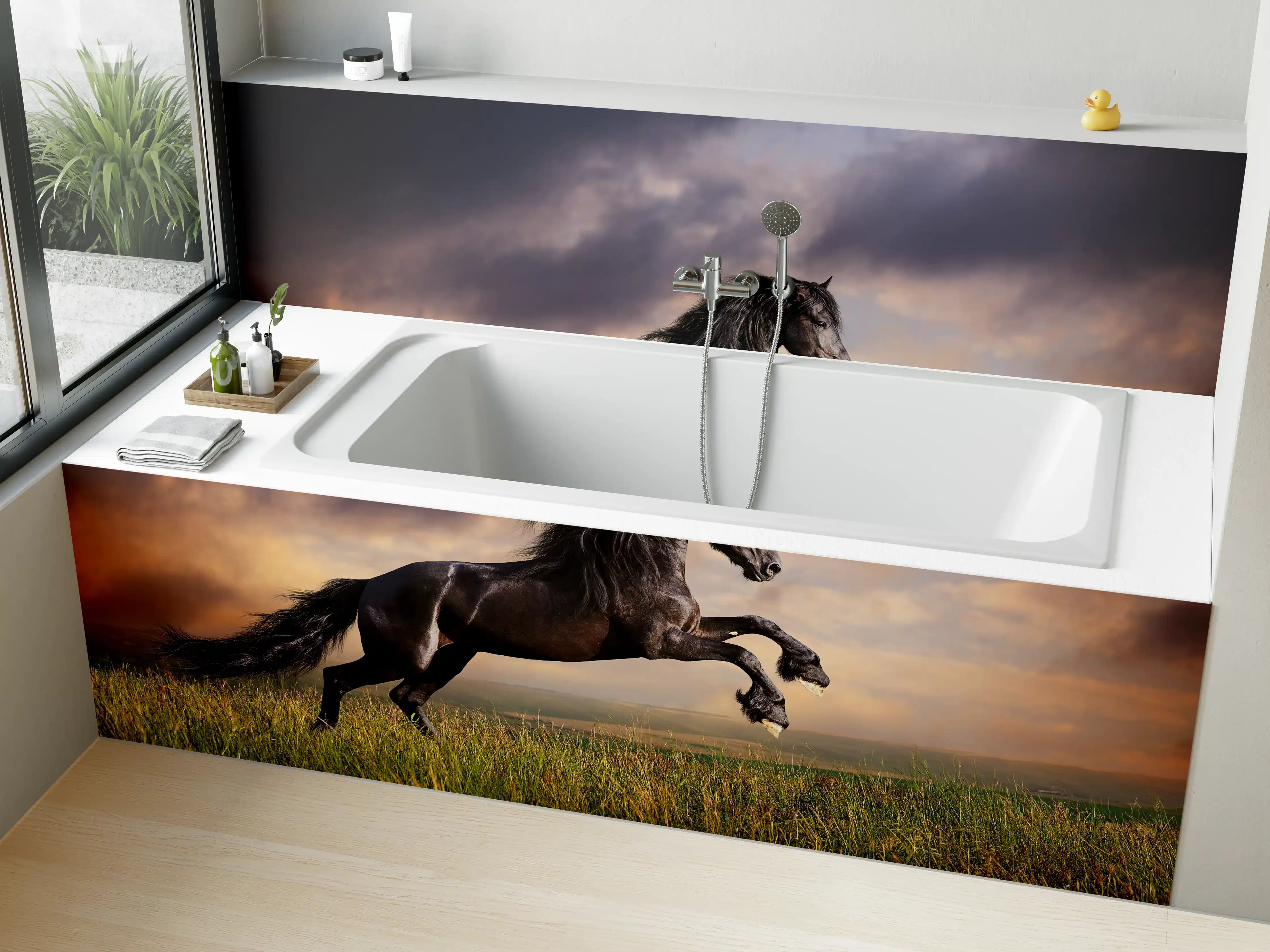 Badewannen-Rückwand - Schwarzes Friesenpferd Galopp