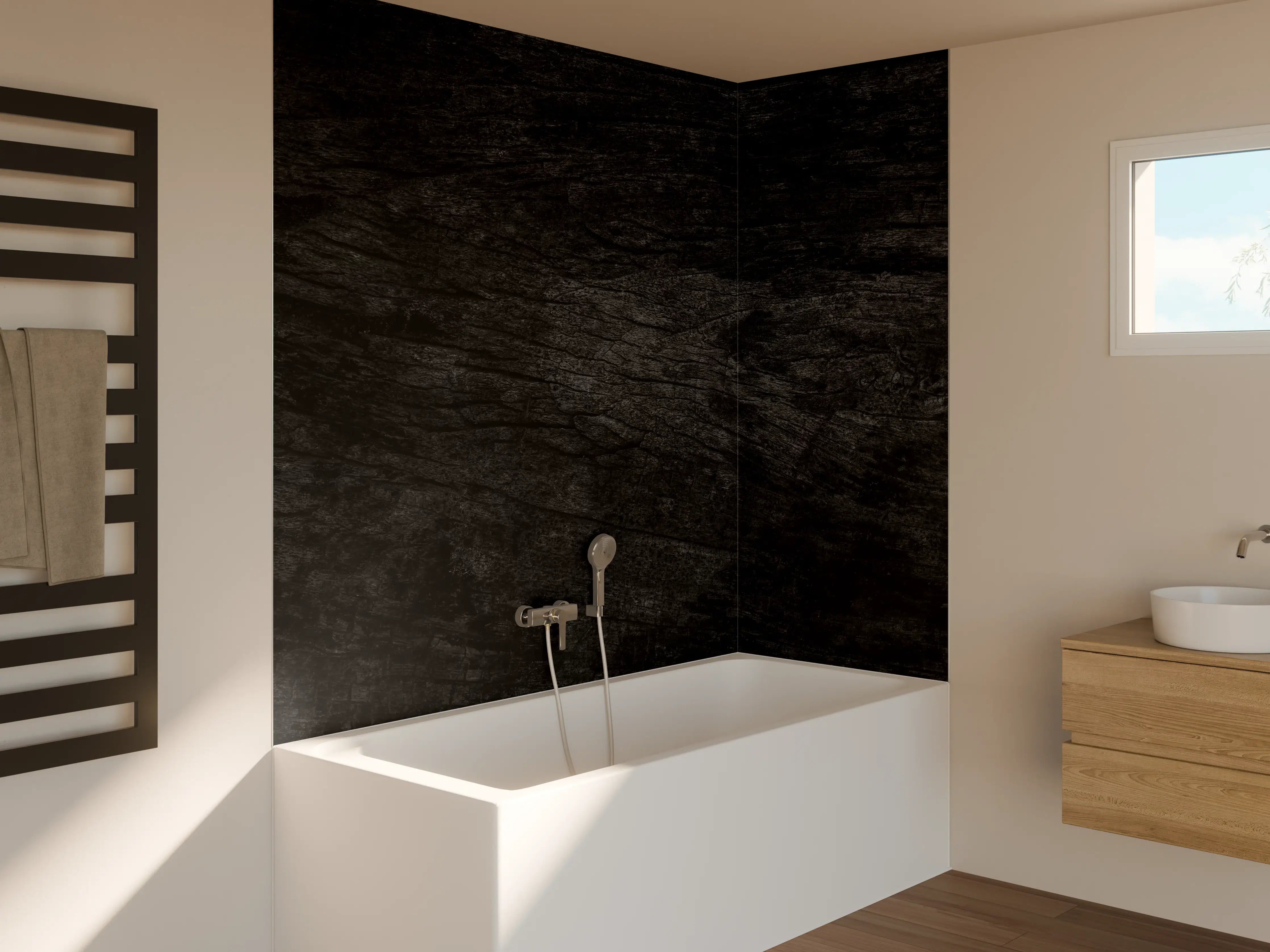 Badewannen-Rückwand - Schwarzes Holz Muster mit Textur