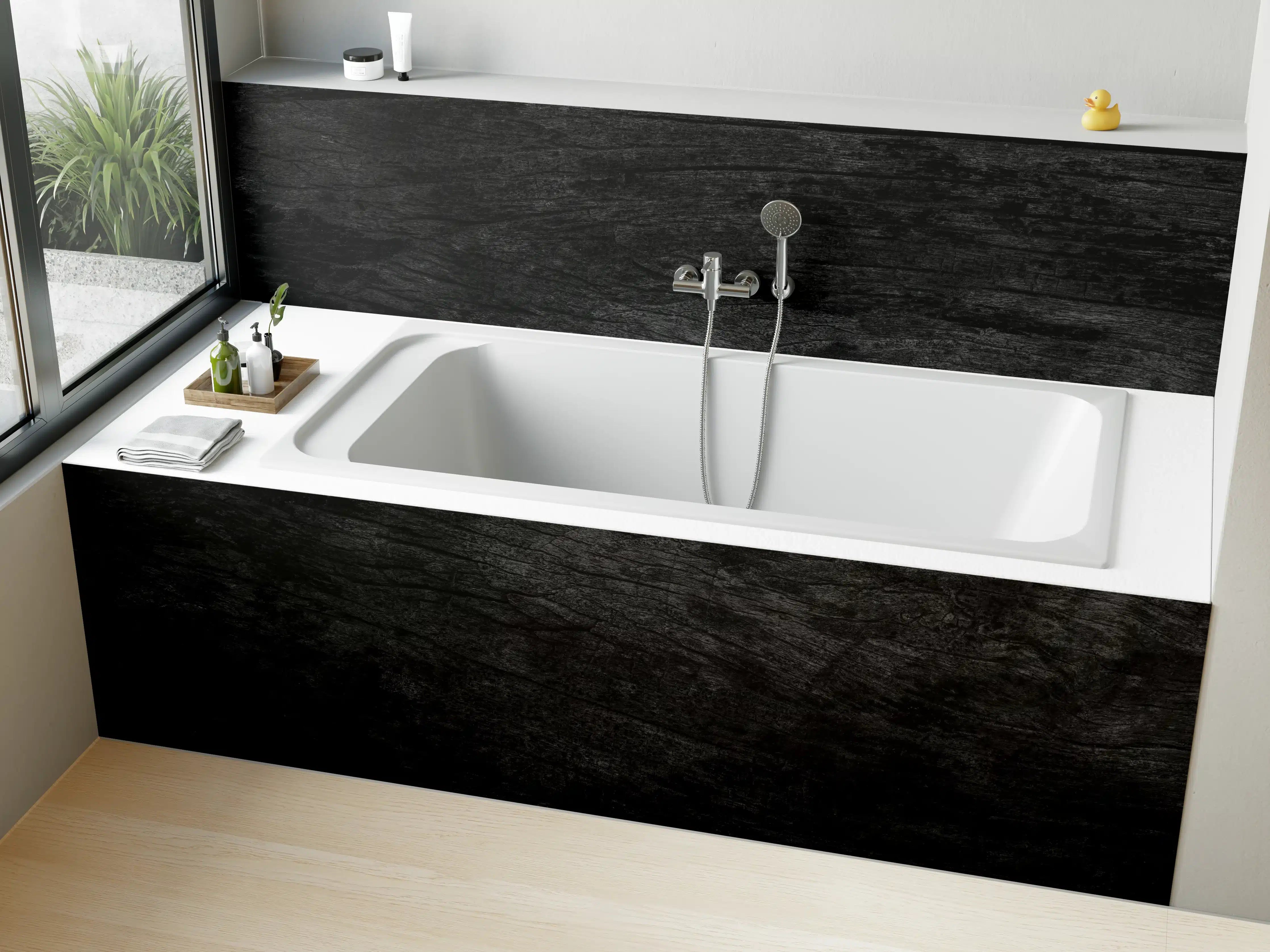 Badewannen-Rückwand - Schwarzes Holz Muster mit Textur