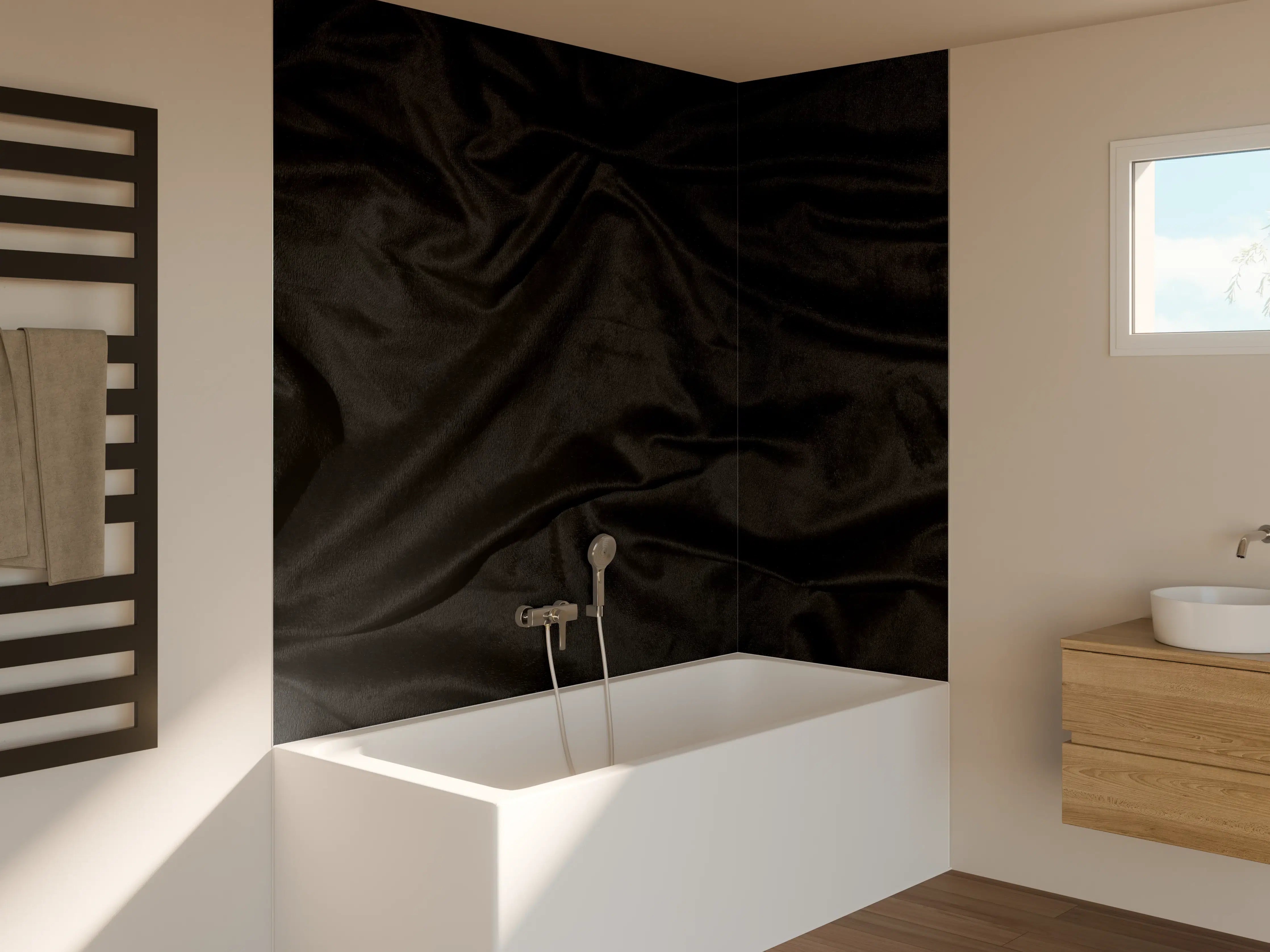 Badewannen-Rückwand - Schwarzes Satin Seiden Tuch