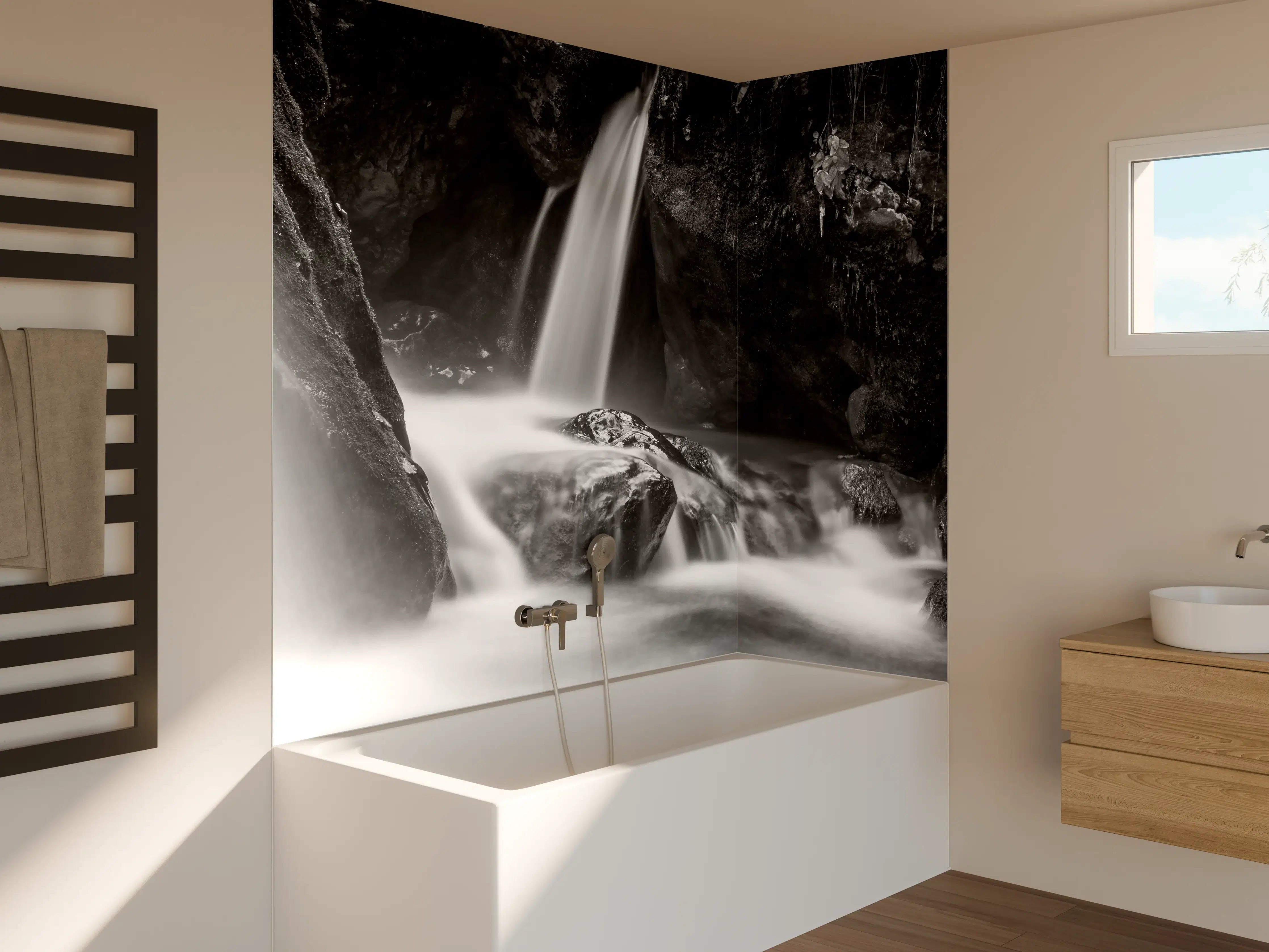 Badewannen-Rückwand - Schwarzweißer Wasserfall