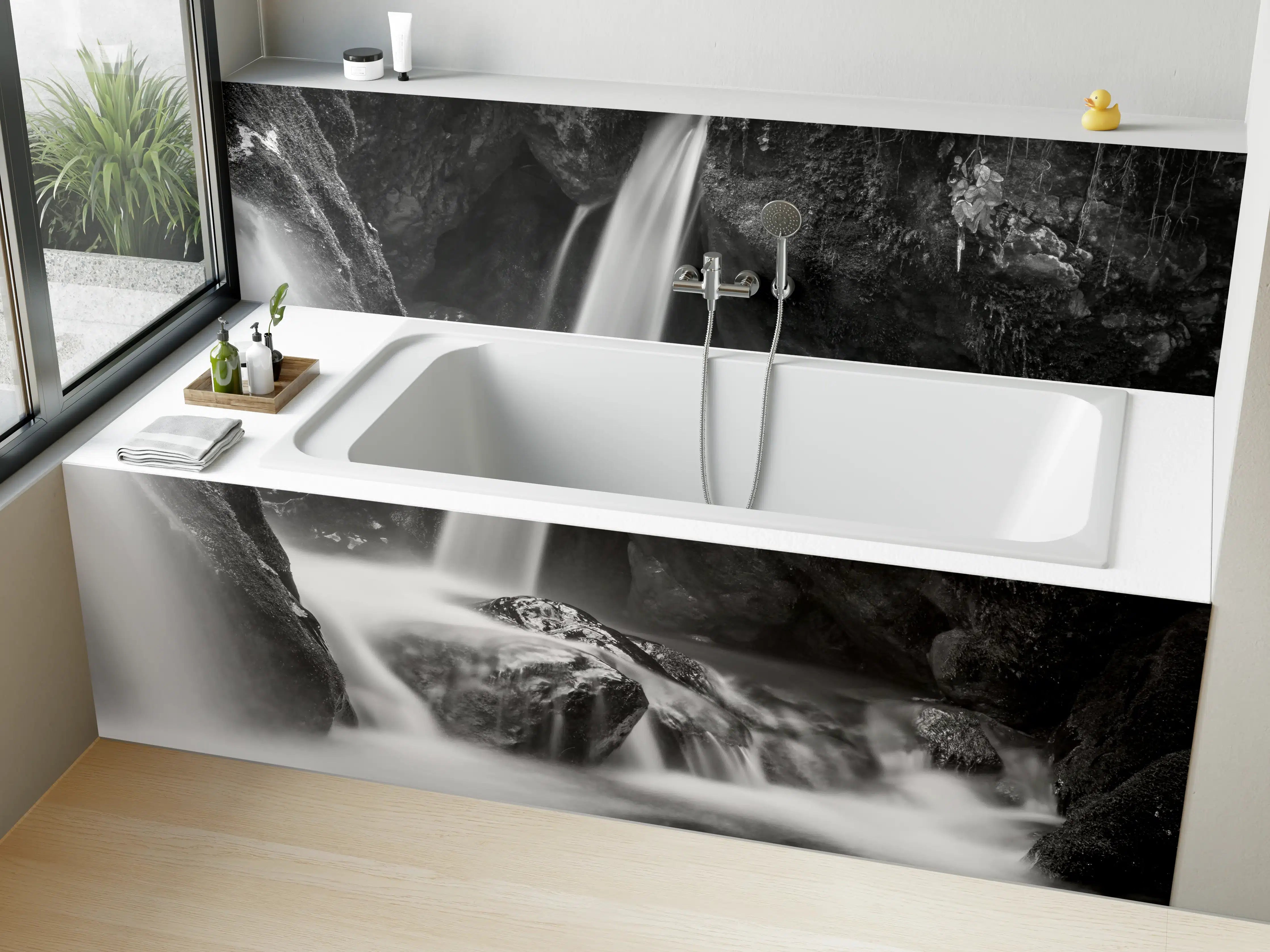 Badewannen-Rückwand - Schwarzweißer Wasserfall