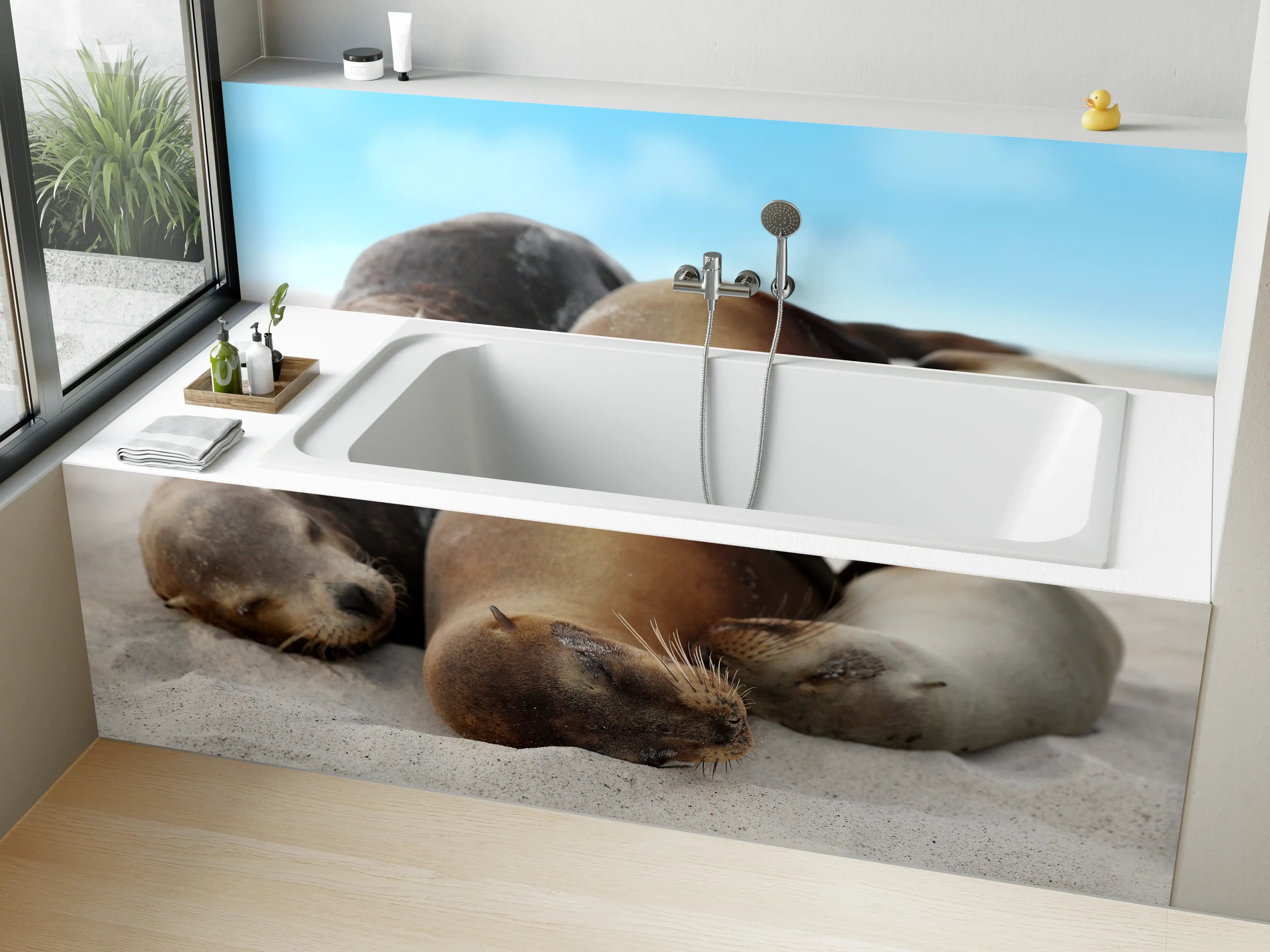 Badewannen-Rückwand - Seelöwen im Sand liegend