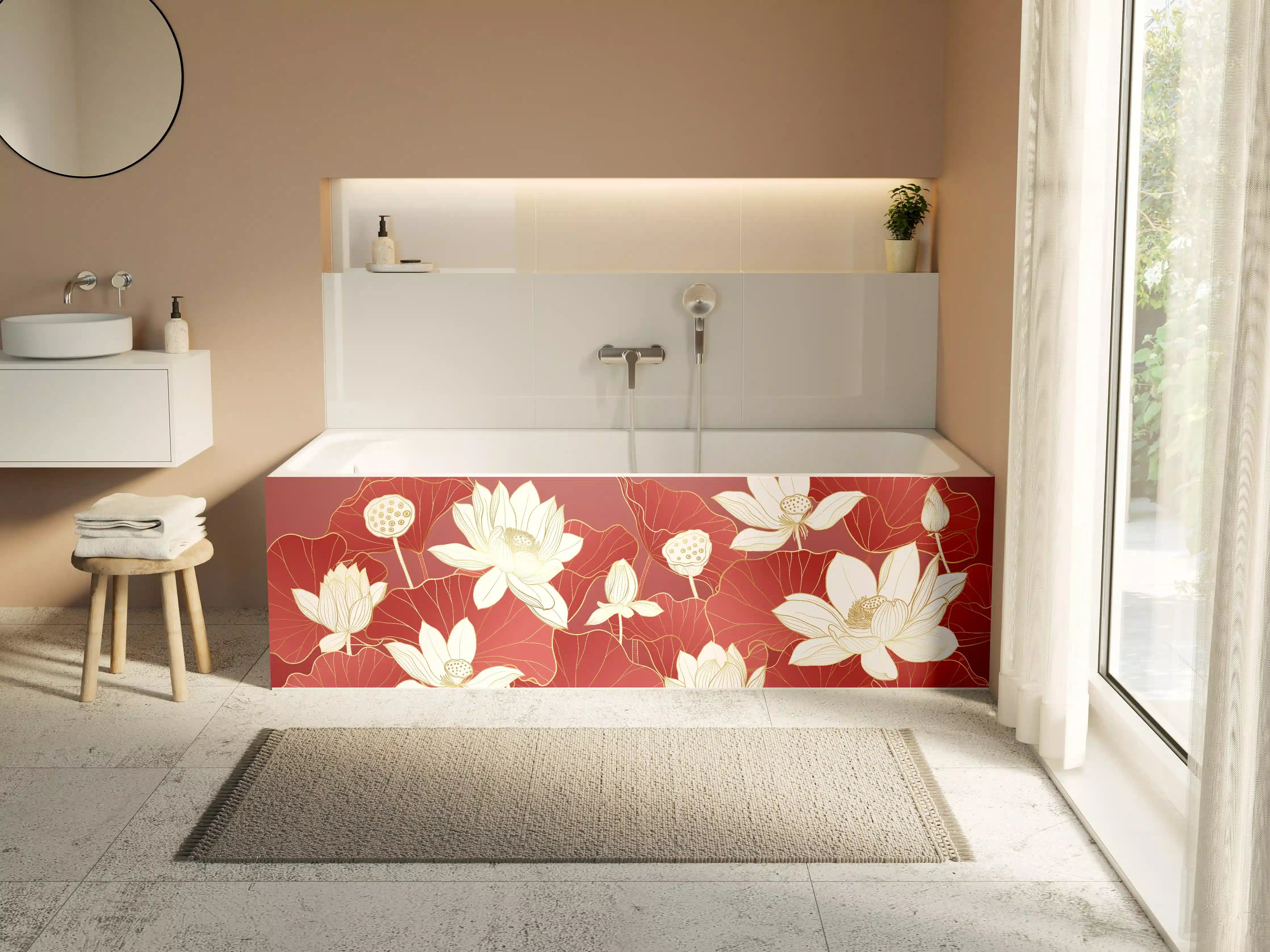 Badewannen-Rückwand - Silberne Lotus auf rubinrotem Grund