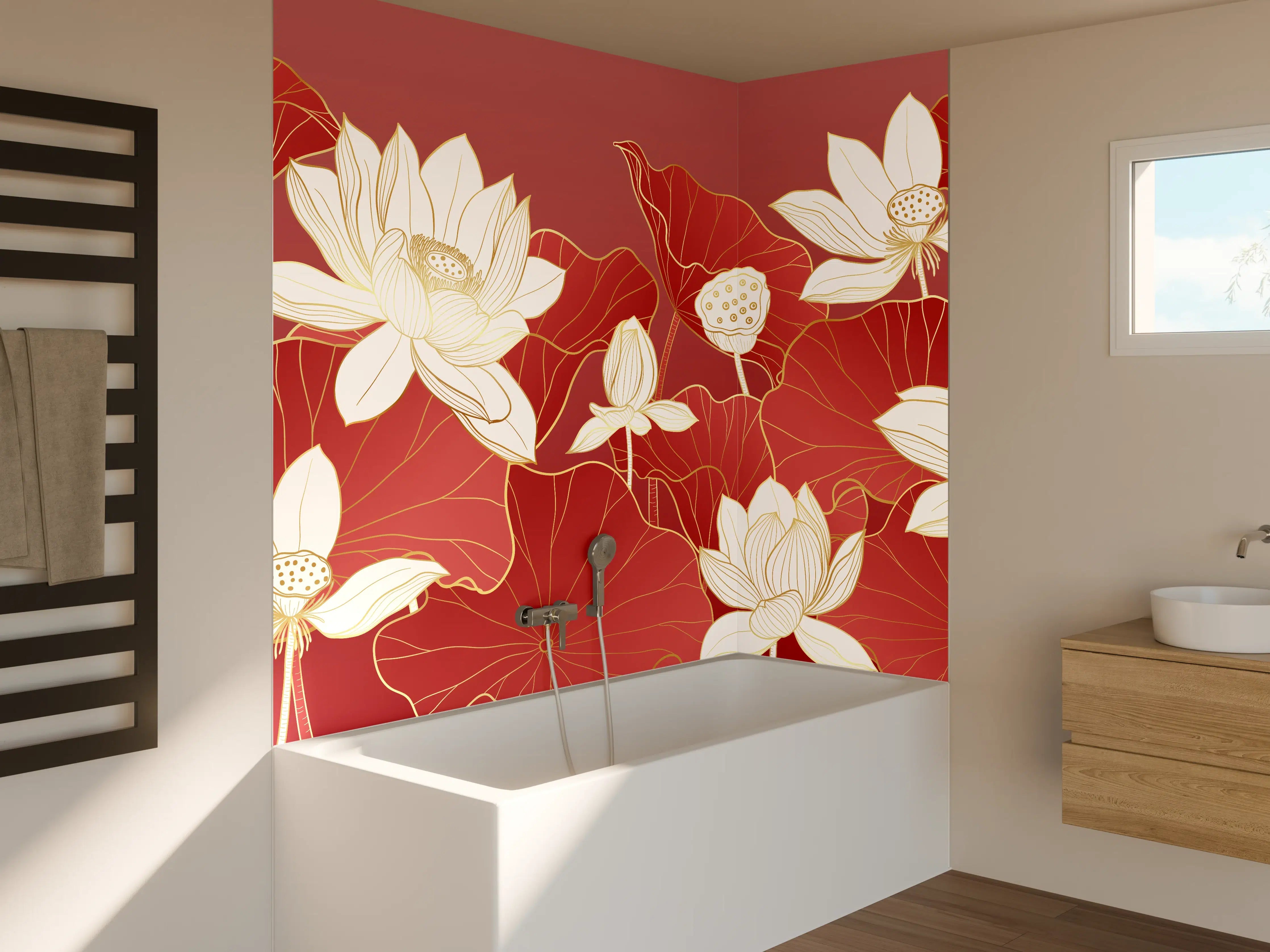 Badewannen-Rückwand - Silberne Lotus auf rubinrotem Grund