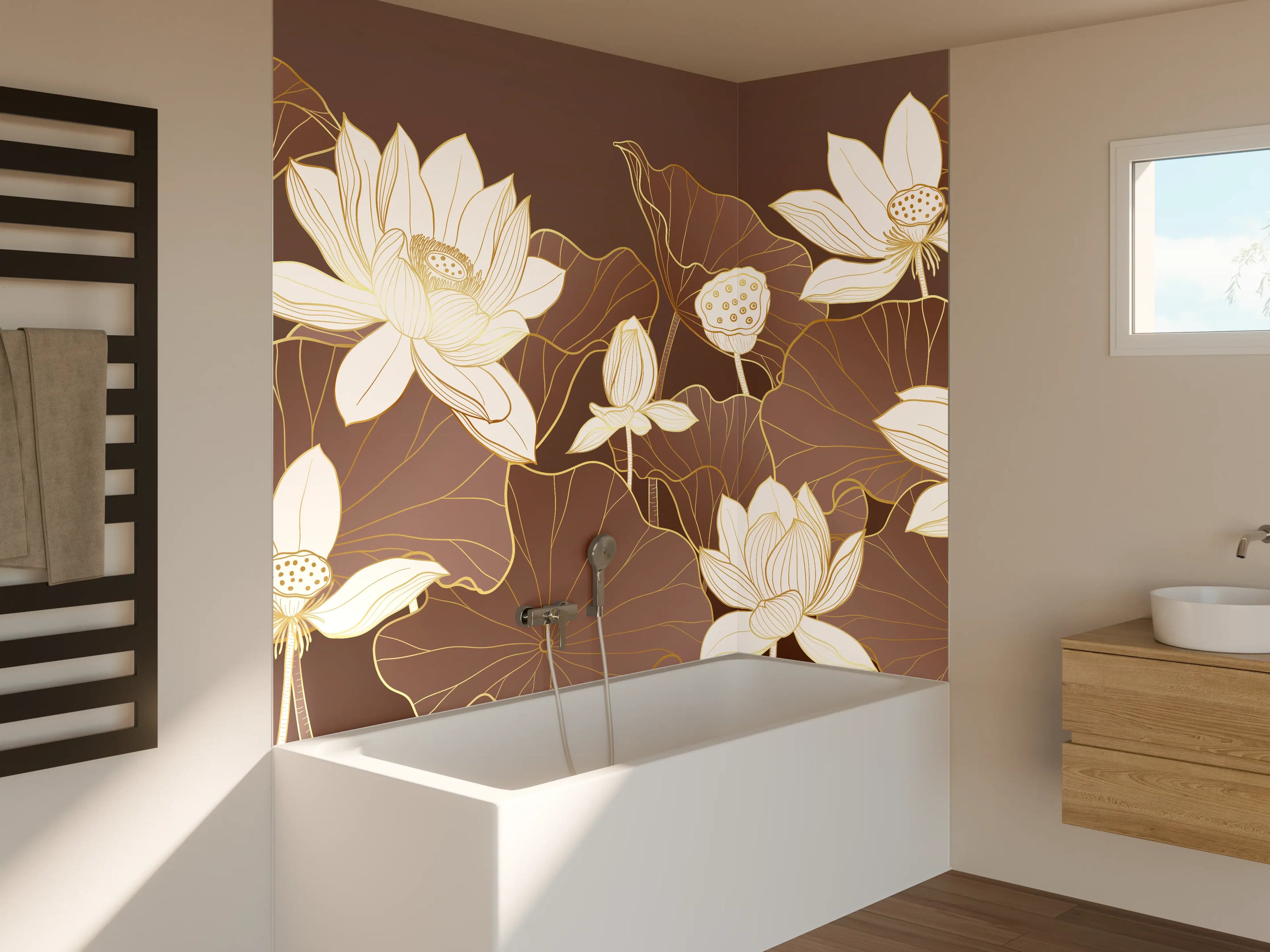Badewannen-Rückwand - Silberne Lotusblumen auf dunklem Grund