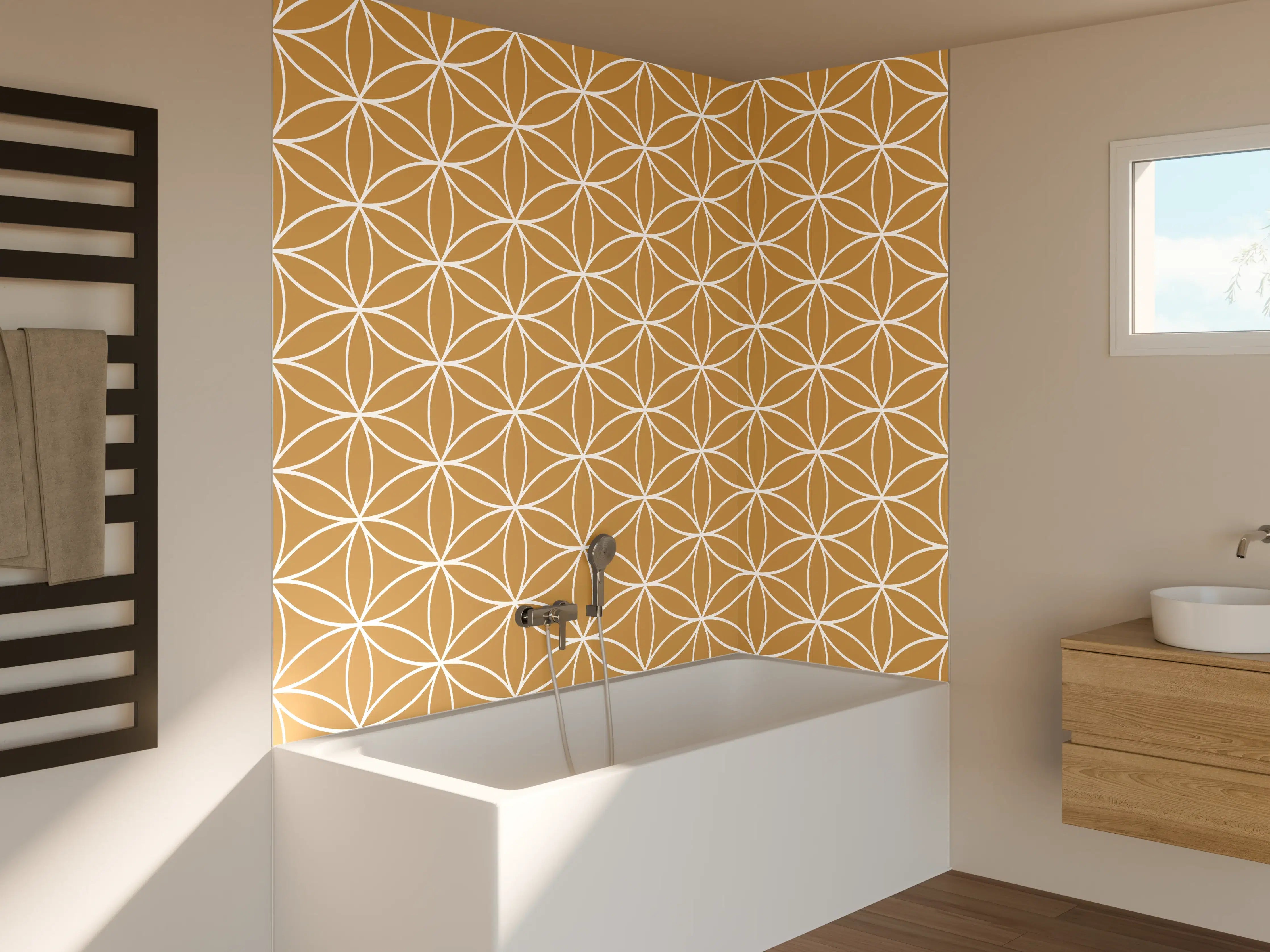 Badewannen-Rückwand - Silberne geometrische Tapetenmuster