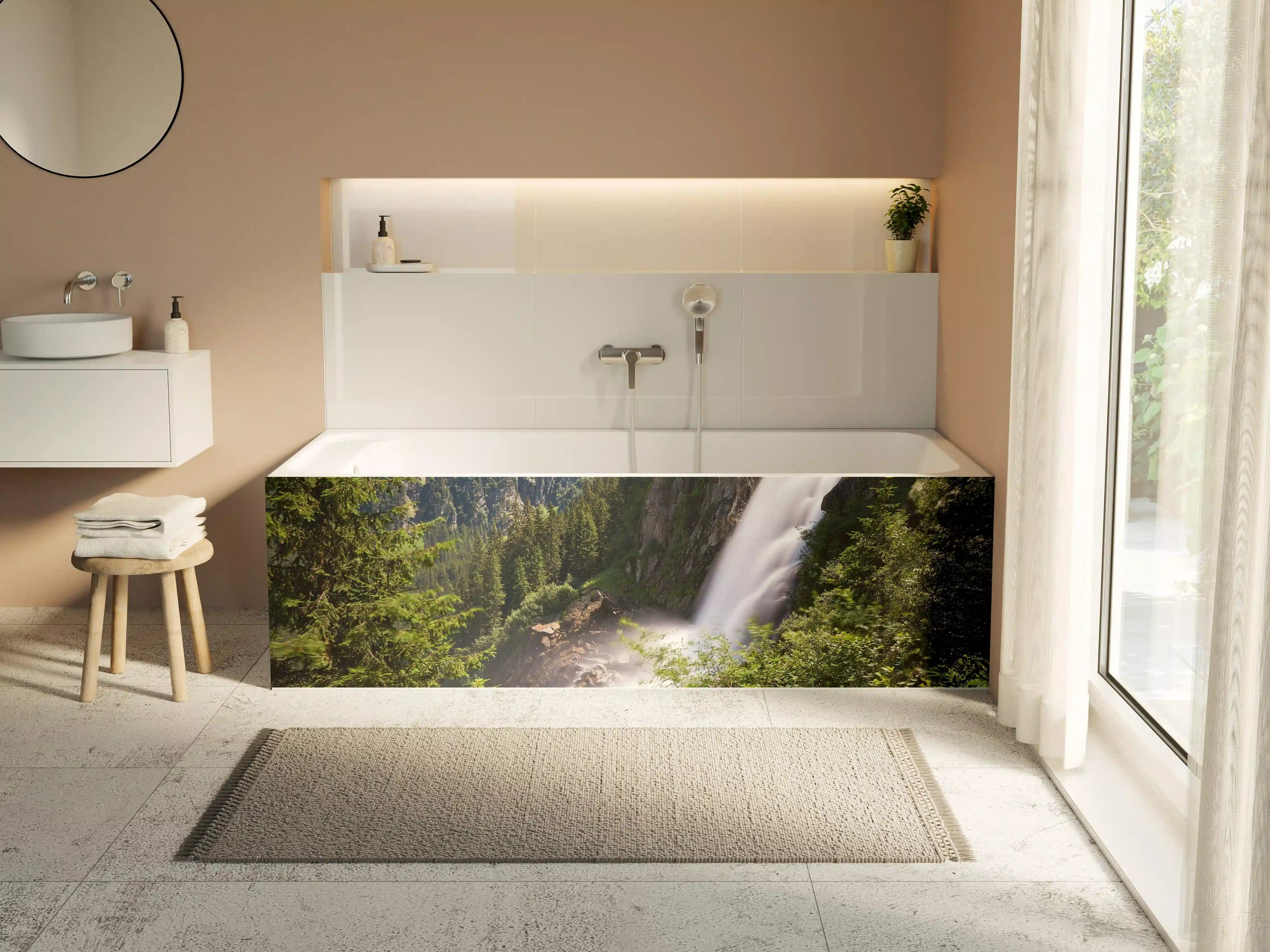 Badewannen-Rückwand - Silberner Wasserfall im grünen Licht